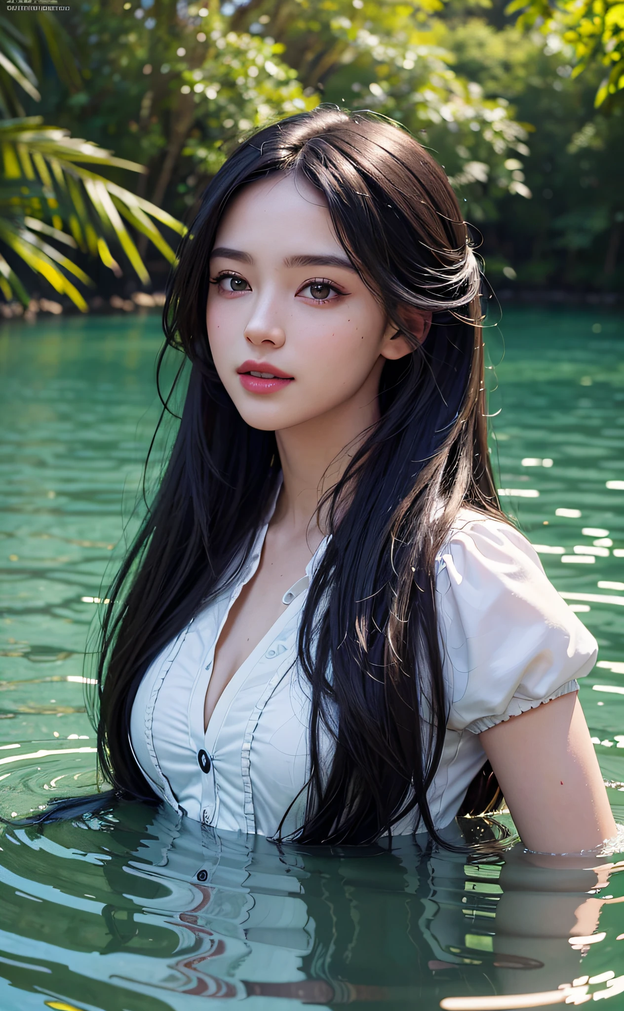(Best Quality, 8K, Masterpiece: 1.3), (Ultra Real), (Illustration), (High Resolution), (8K), (Very Detailed), (Best Illustration), (Beautiful Detail Eyes), (Best Quality), (Ultra Detailed), (Masterpiece), (Wallpaper), (Detailed Face), Smile, Pure Sweet, (Black Disc Hair), Highly Detailed Face and Skin, Gazebo in the Lake, 1 Girl, Period Costume, Silk, Saturated Light Source, Edge Lighting, Backlight, Movie, Full Body Photo