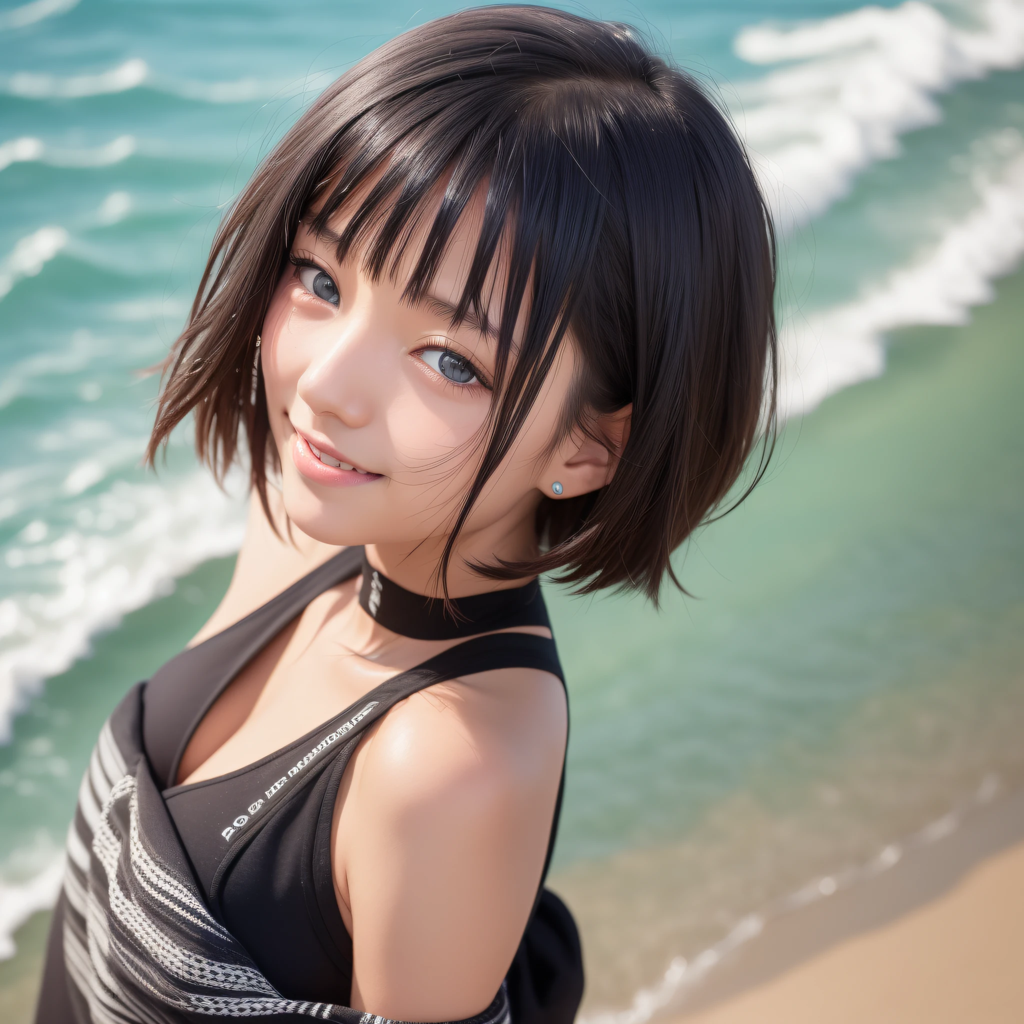 ((Best Quality, 8K)), Beach, 1girl, 17 years old, cute, Japan, black hair, short hair, no makeup, realistic skin, smile, detailed eyes, bikini, background blur
