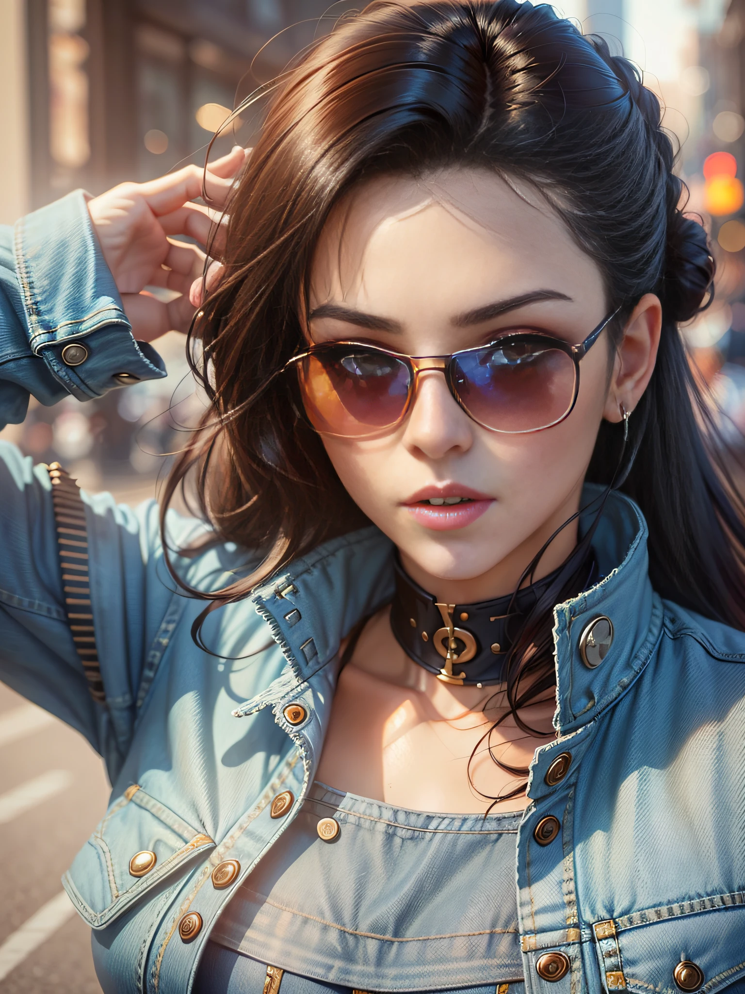 a close up of a woman wearing sunglasses and a denim jacket, style artgerm, artwork in the style of guweiz, artgerm. high detail, style of artgerm, realistic art style, artgerm portrait, realistic artstyle, ig model | artgerm, extremely detailed artgerm, in style of artgerm