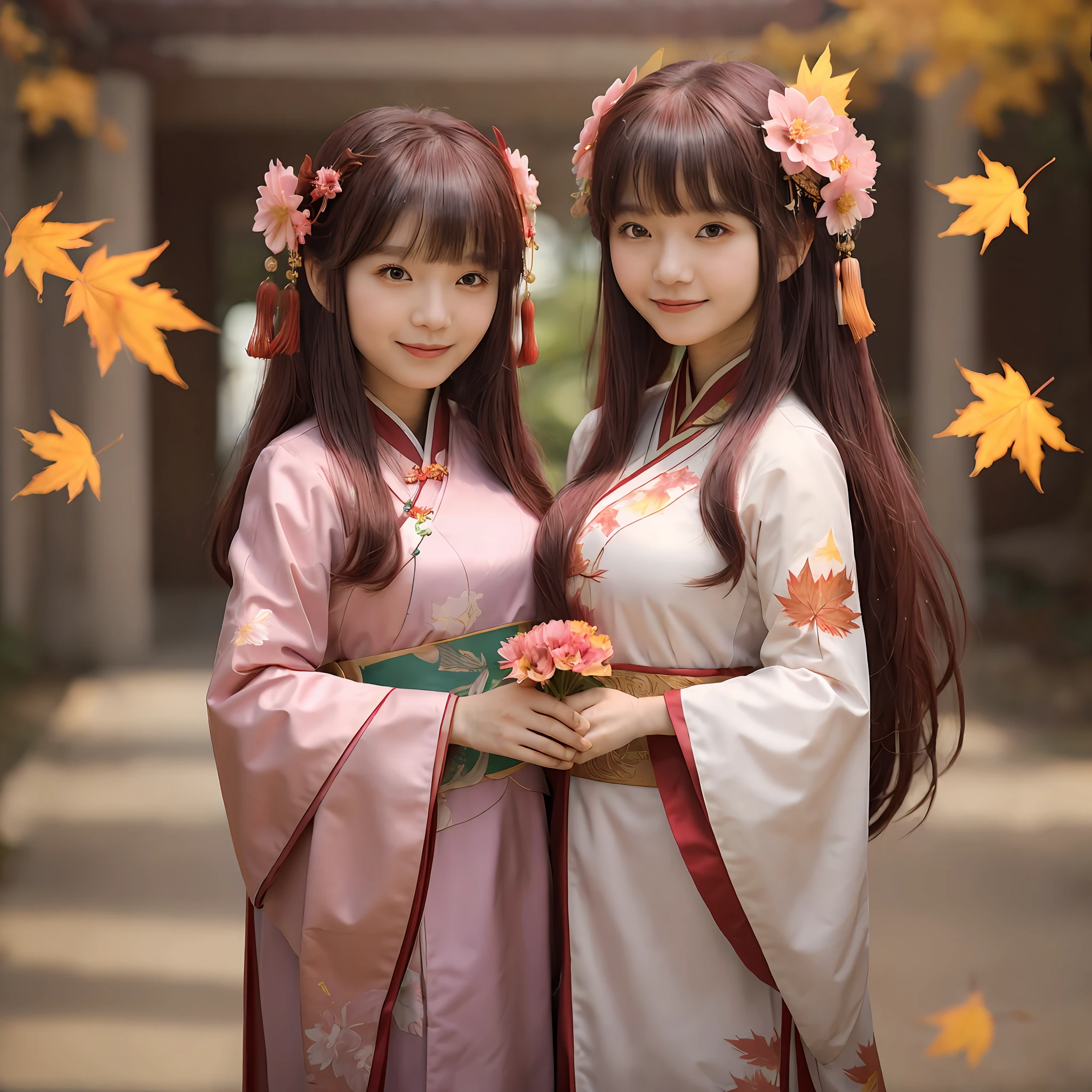 (masterpiece, best quality)),1girl, bangs, blurred background, spotted sunlight, flower, hair flower, hair ornament, Chinese clothing, leaf, (maple leaf: 1.9), solo exterior, sun, upper body, beautiful face, dark pink hair, light pink eyes, eye zoom, long hair, straight hair, face to face, manly, medium breasts, mature woman, voluptuous, hanfu,  smiling lightly,