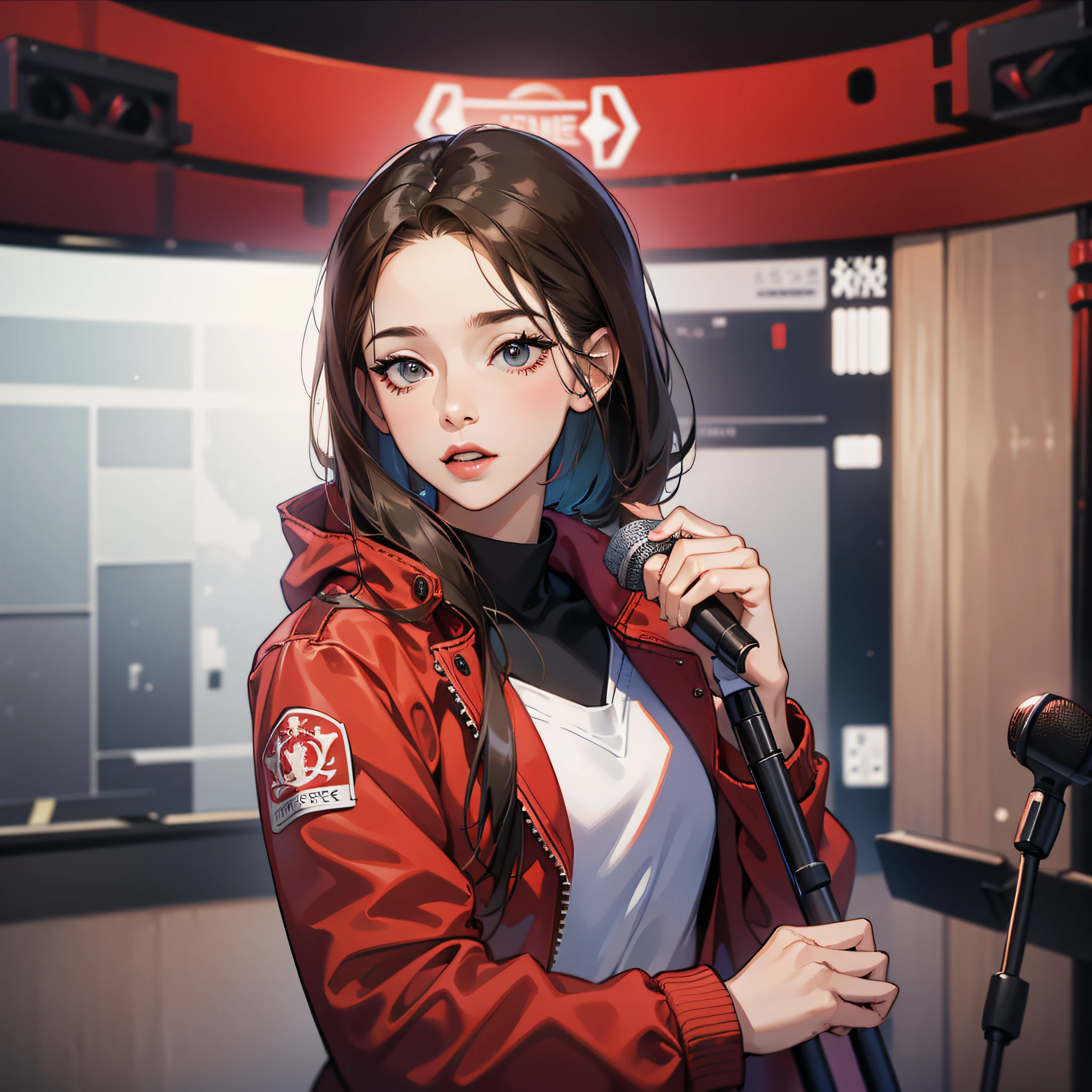 Female anchor, wearing a red down jacket, holding a microphone, studio background