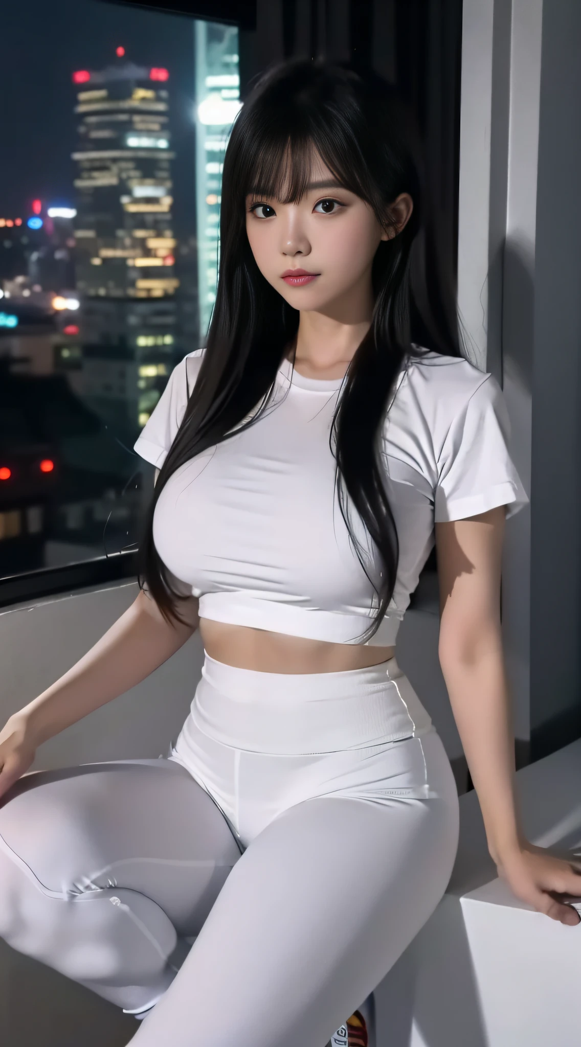 A Chinese woman on the rooftop of the top floor of a tall building at night, fluffy hair, delicate face, bright, real girl, large aperture, wearing white tight yoga pants trousers, wearing black yoga shirt, short sleeve yoga shirt, letter yoga shirt, macro shot, plump, slightly fat, standing, frontal shooting, very plump, sexy,