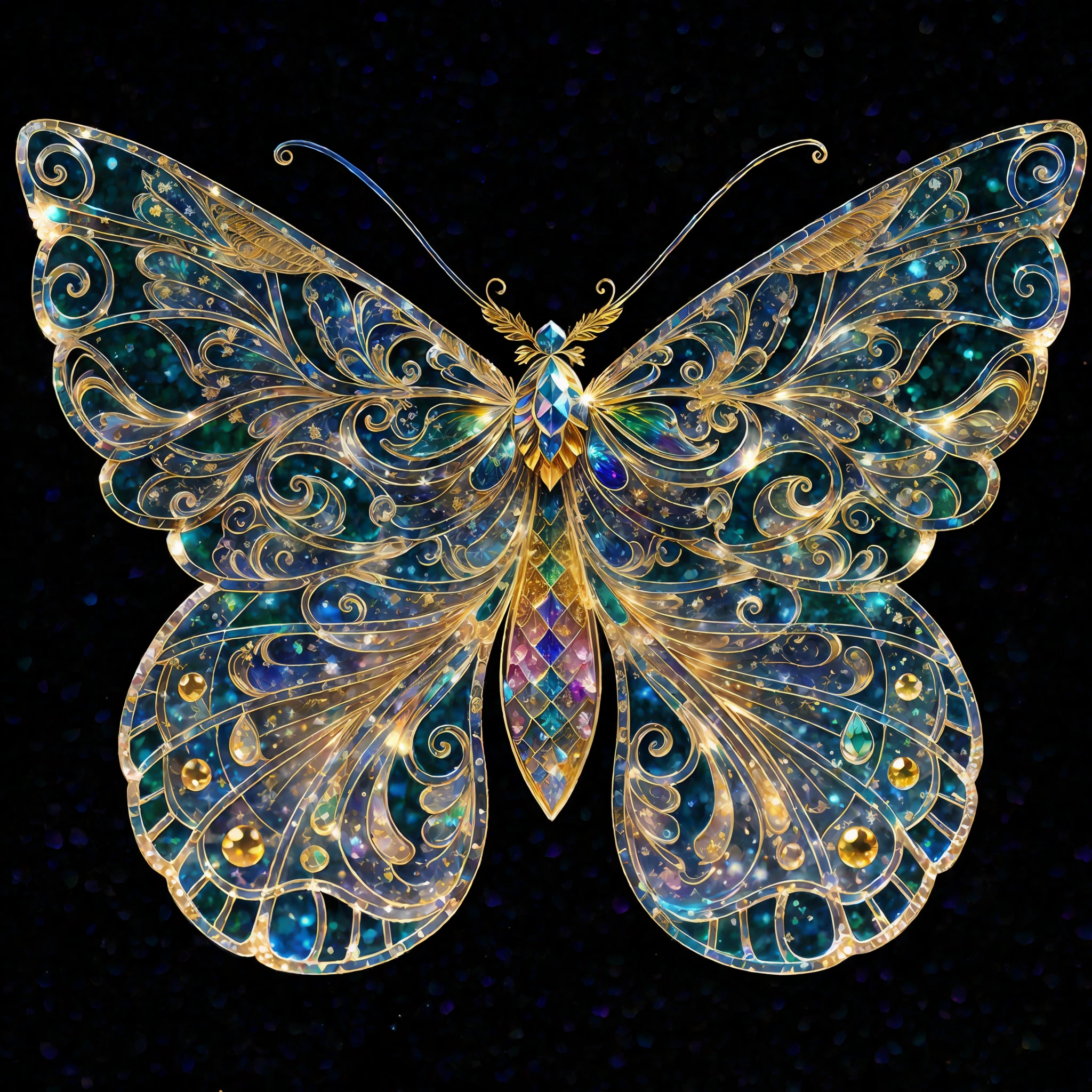 Rainbow color, flying insect, scale, wing, blue, textured, complex, gorgeous, shadow, light pastel color, highly detailed, decorative style, Tim Burton, Dale Chihuli, Xiaolongcheng, Cyril Rolando, author hour gigue, bright gold, rainbow gold leaf, gold dust, sparkle, diamond, crystal, rainbow, gold dust, gold leaf, bright gold, universe, milky way, starry sky, (traditional Chinese color matching, Traditional Chinese patterns: 1.5), Baoxiang flowers, William Morris, (gold lace, and detailed details, masterpieces, gold artwork: 1.5)