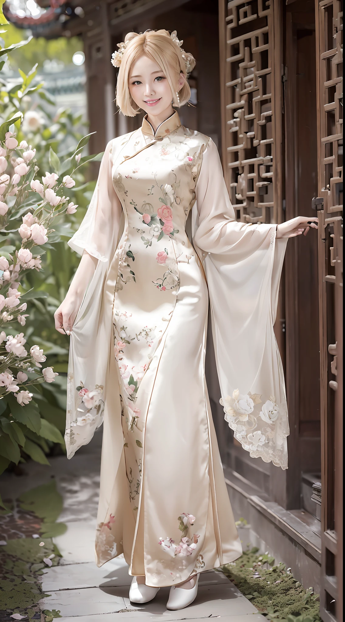 (A woman with blonde hair in an antique Chinese lace dress, 1.4) (Fairy air fluttering in the air, 1.5) (Smiling at the camera, 1.6) (Full body close, 1.7)