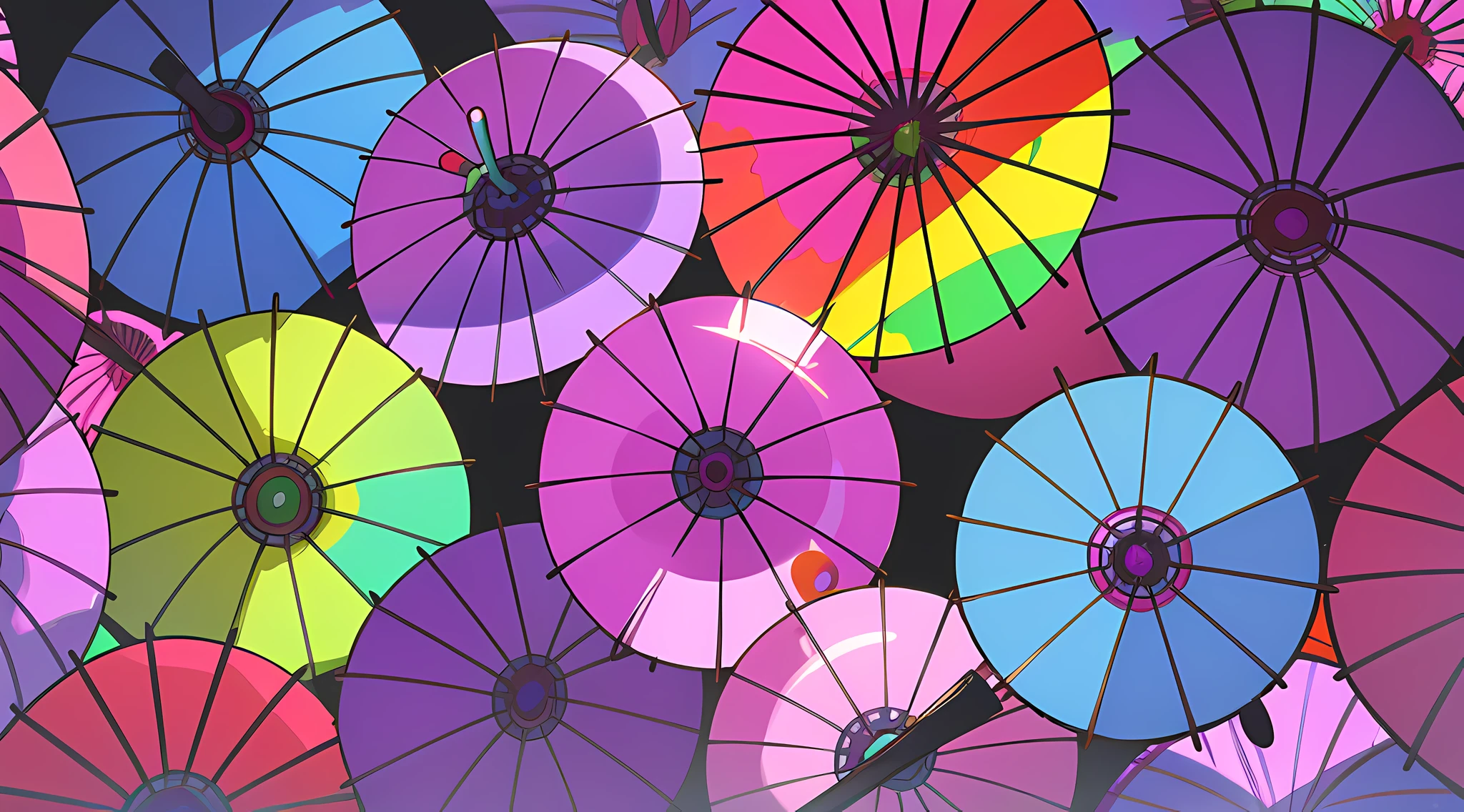 brightly colored umbrellas are scattered on a purple surface, vibrant digital painting, colorful digital painting, vibrant & colorful background, multicolored vector art, background art, background artwork, colorful illustration, colorful art, colorful concept art, colourful artwork, amazing colorful background, lollipops, highly detailed digital painting, shiny colorful, colorful hd picure, vibrant colourful background --auto --s2