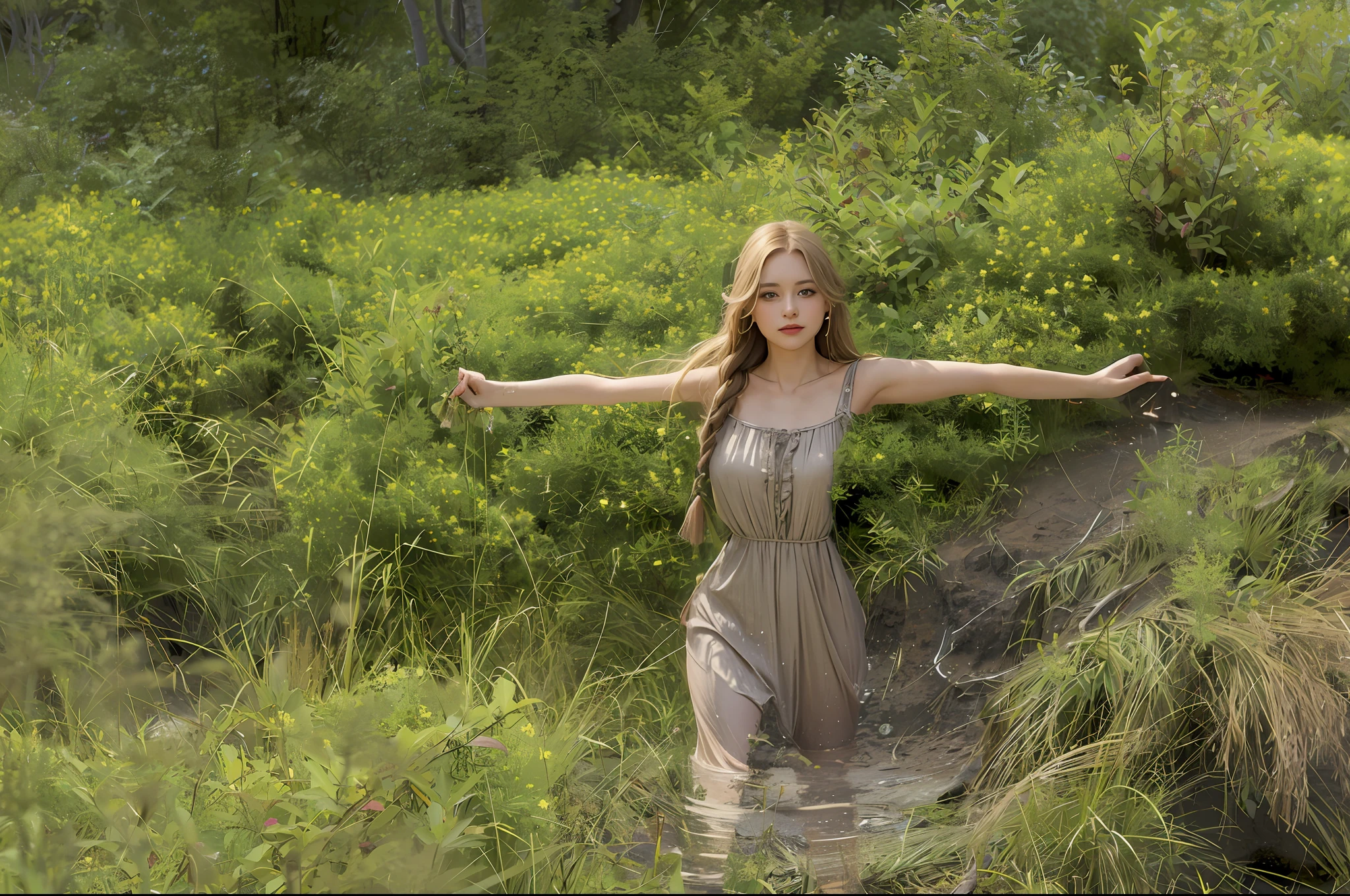 best quality, masterpiece, upper body, (adult:1.6) hungarian woman, (smirk:0.4), arms behind head, braided golden hair, sparkling eyes, victorian sundress, floating light particles, centered,