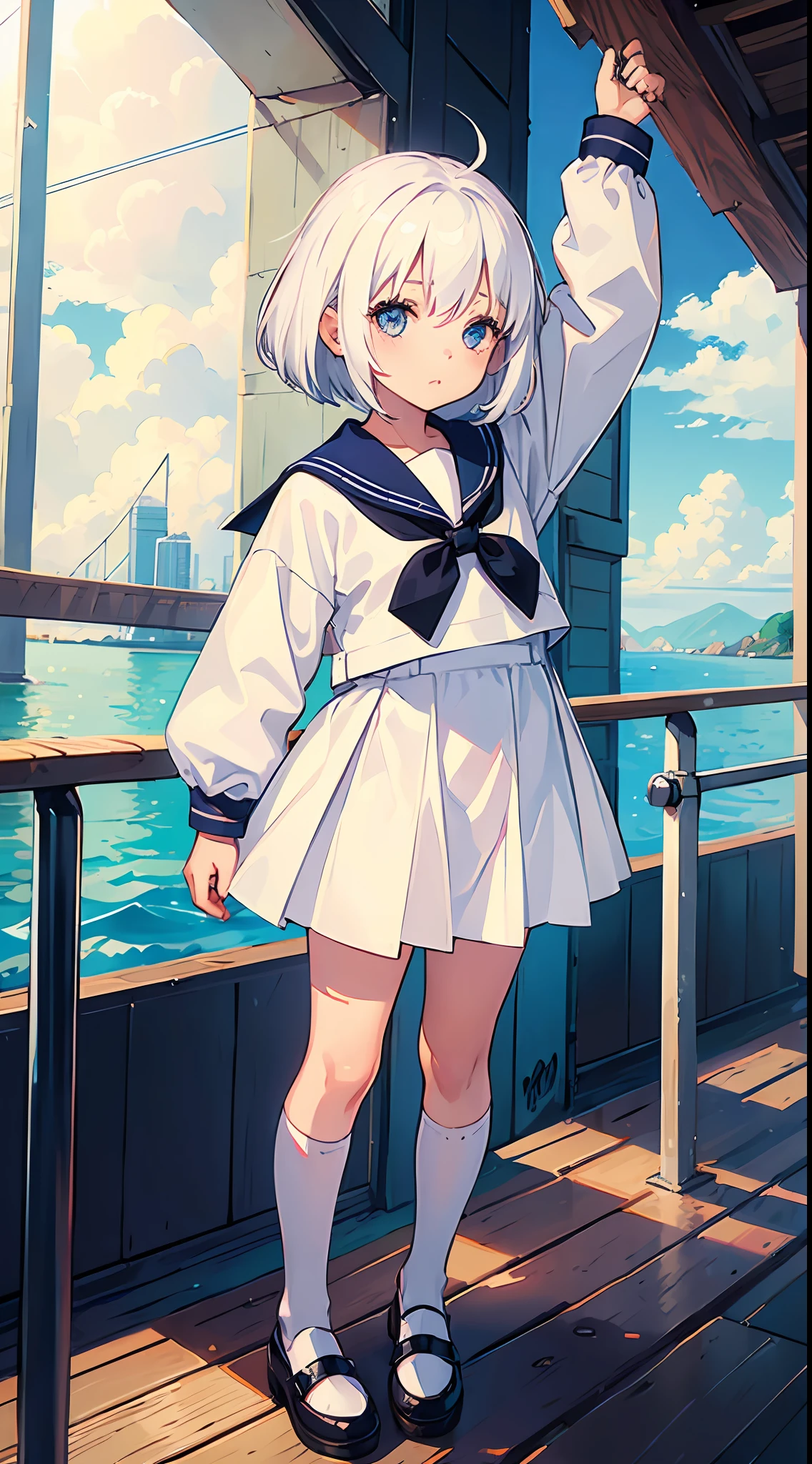 (((little girl))), long hair, white hair, short hair, white stockings, young, sailor suit