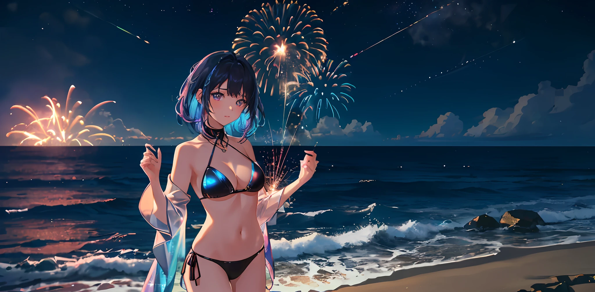 Vast night sky pictures,((Top quality:1.4),(Unparalleled masterpiece),Night Sky: 1.4,(Fireworks: 1.4, Aerial Fireworks: 1.4), highly detailed 8k CG unit,,Bokeh,Depth of field,, Beach, Sea, Volumetric Lighting,(Dynamic Composition: 1.4),Bikini girl standing on the beach, character 0.3, Very detailed, Colorful details, (Iridescent: 1.2), (glow illumination, atmosphere lighting), dreamy, magical, (solo: 1.2),