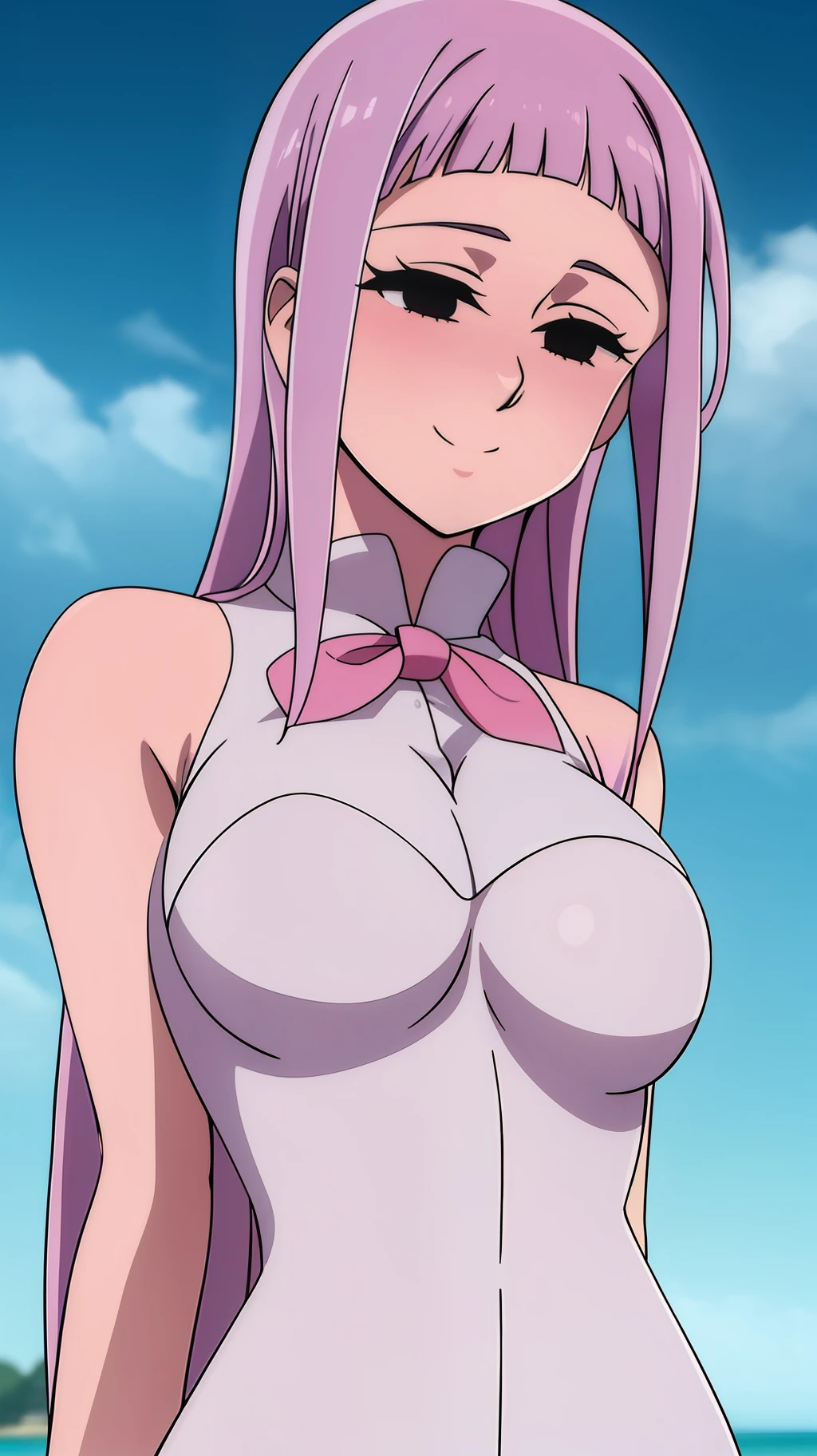 ((masterpiece)), ((best quality)), melascula, empty eyes, 1girl, solo, long_hair, medium_breasts, pink_hair, purple hair, blunt bangs, smile, blush, beach, sexy, censored, near naked