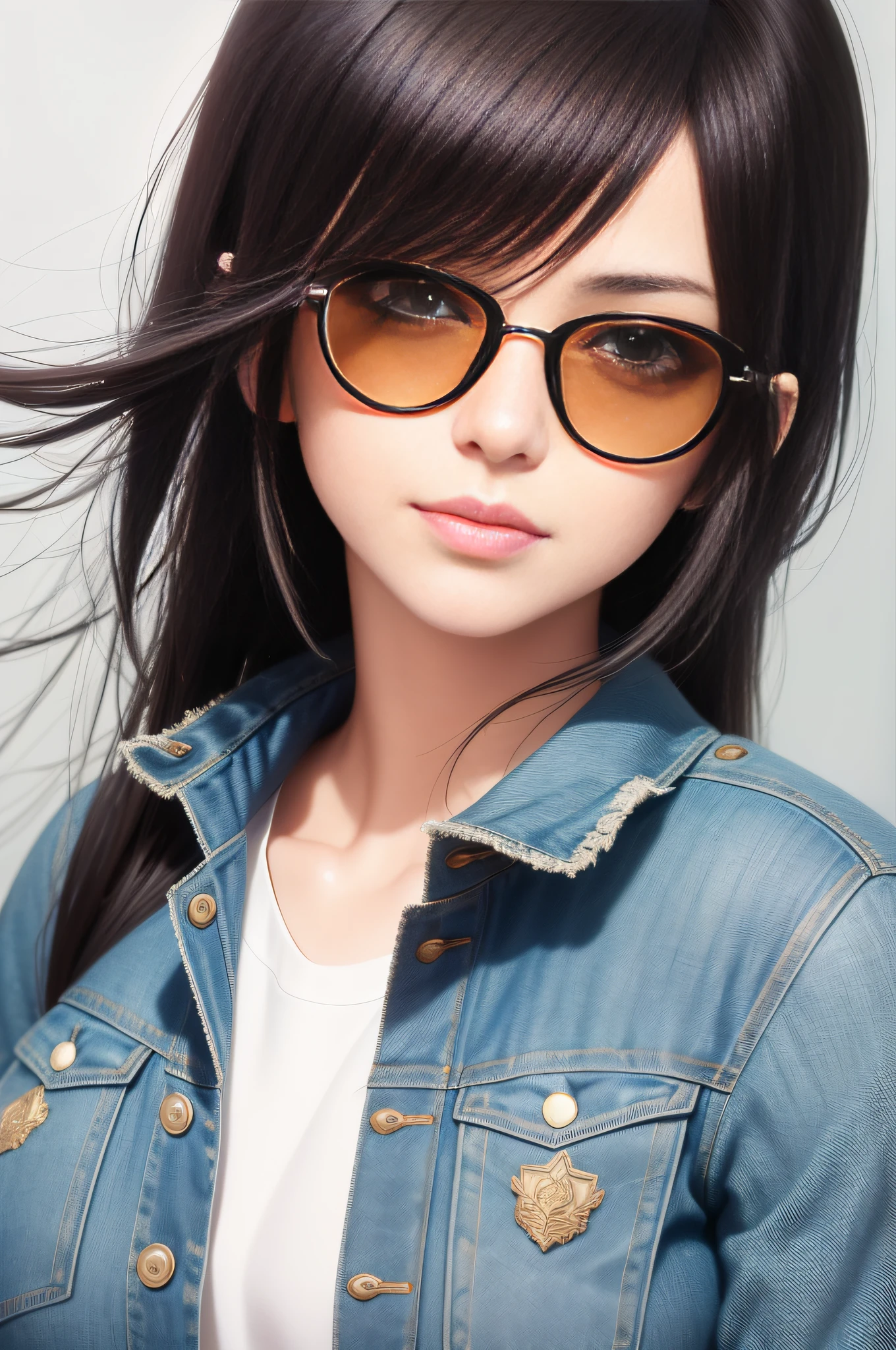 a close up of a woman wearing sunglasses and a denim jacket, style artgerm, artwork in the style of guweiz, artgerm. high detail, style of artgerm, realistic art style, artgerm portrait, realistic artstyle, ig model | artgerm, extremely detailed artgerm, in style of artgerm