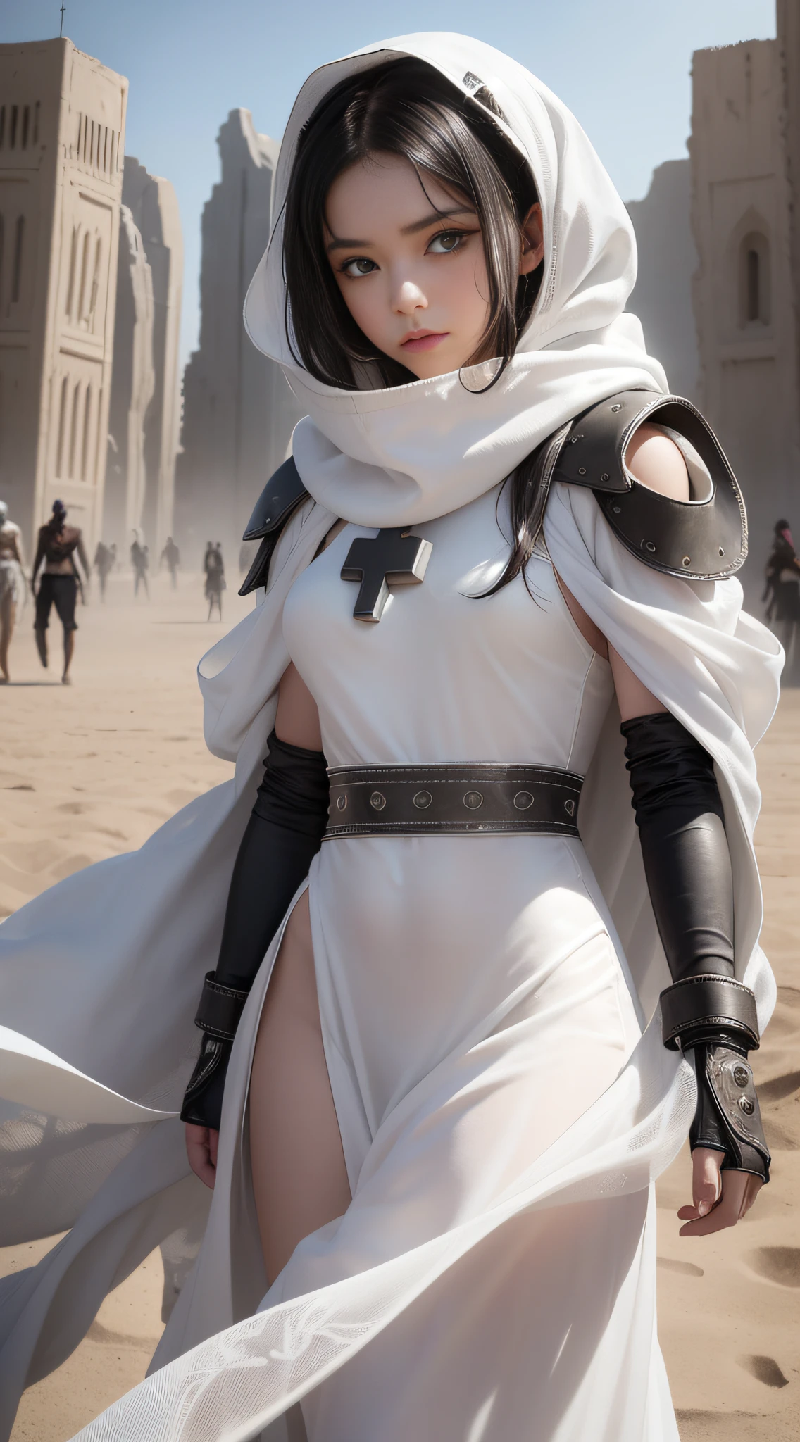 Soft cyberpunk style, gray white desert ruins, flying sand and dust, petite black-haired religious girl wandering in the desert, wearing milky white religious clothing wrapped all over her body, white tattered cloak fluttering in the wind, avoiding the wind and sand, with characters as the core, elegant movie poses, looking squarely.