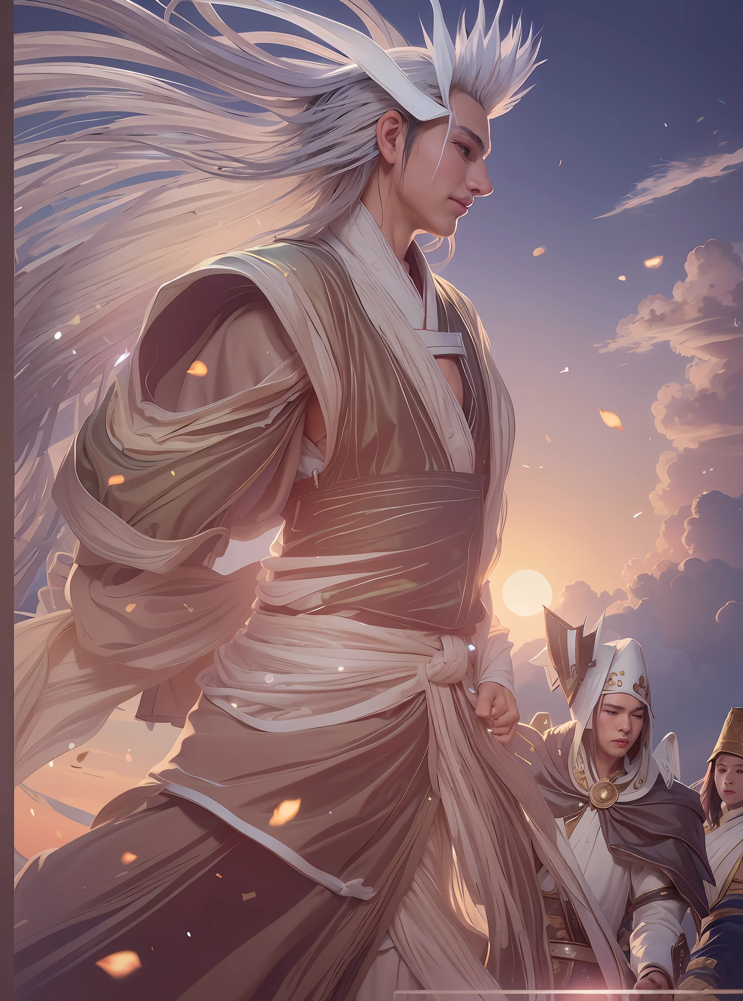 1boy,(8k, best quality, masterpiece:1.4),final fantasy,(fantasy), (lighting),solo, white chinese hat,chinese clothes, plume,white cloth ,cloud,eagle,wings