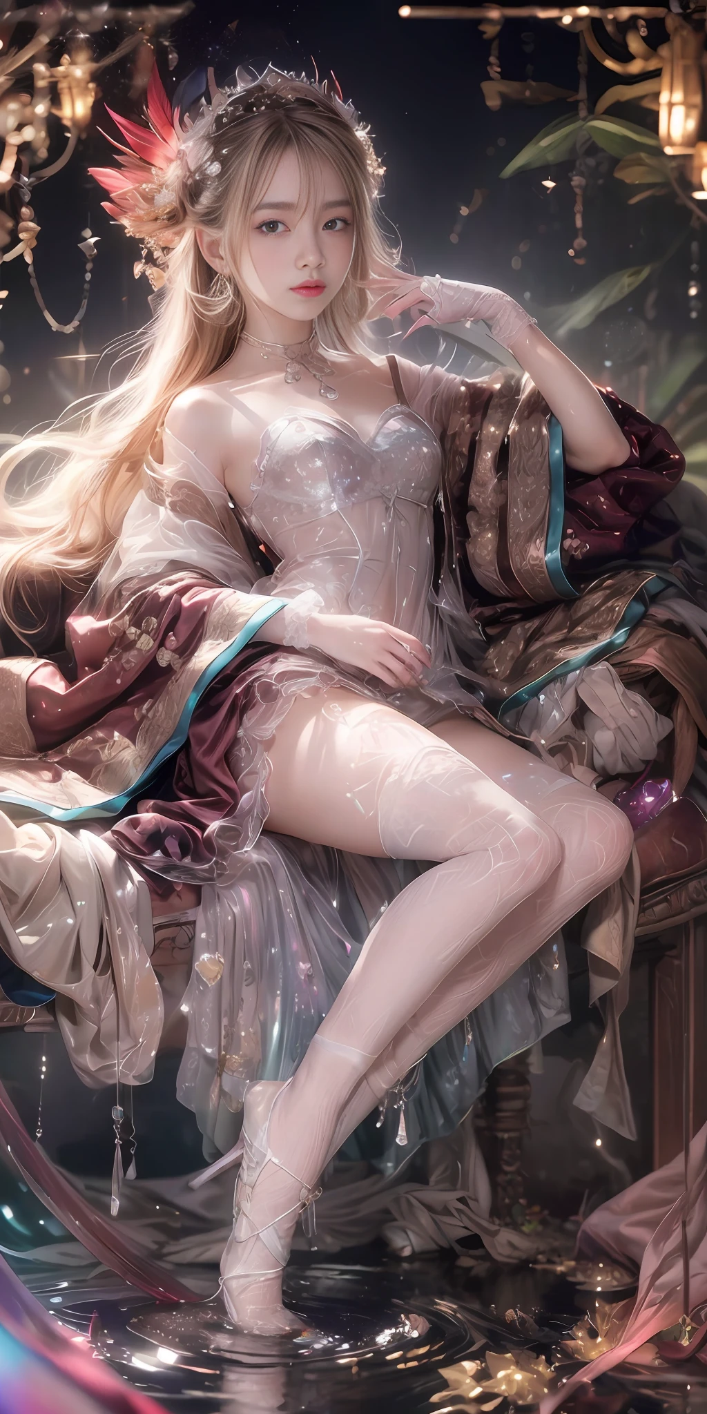 (best quality, masterpiece, high resolution, glow, flood, lens glare, wide angle), sunlight, full body, 1 [Chinese|Russian|Japanese|Korean] girl, ((plum red:1.1) clothes), necklace, jewelry, long hair, earrings, super delicate face, beautiful face, full face blush, (perfect eyes) and ( long eyelashes: 1.4), perfect hands, glowing pupils, (white stockings: 0.9), realism, (high detail skin: 1.2), 8k ultra hd, DSLR camera, high quality, volumetric lighting, frank, high resolution, 4K, 8K, background bokeh, dream forest, radiant garlic, feather drop effect, morning, foreground, f/16