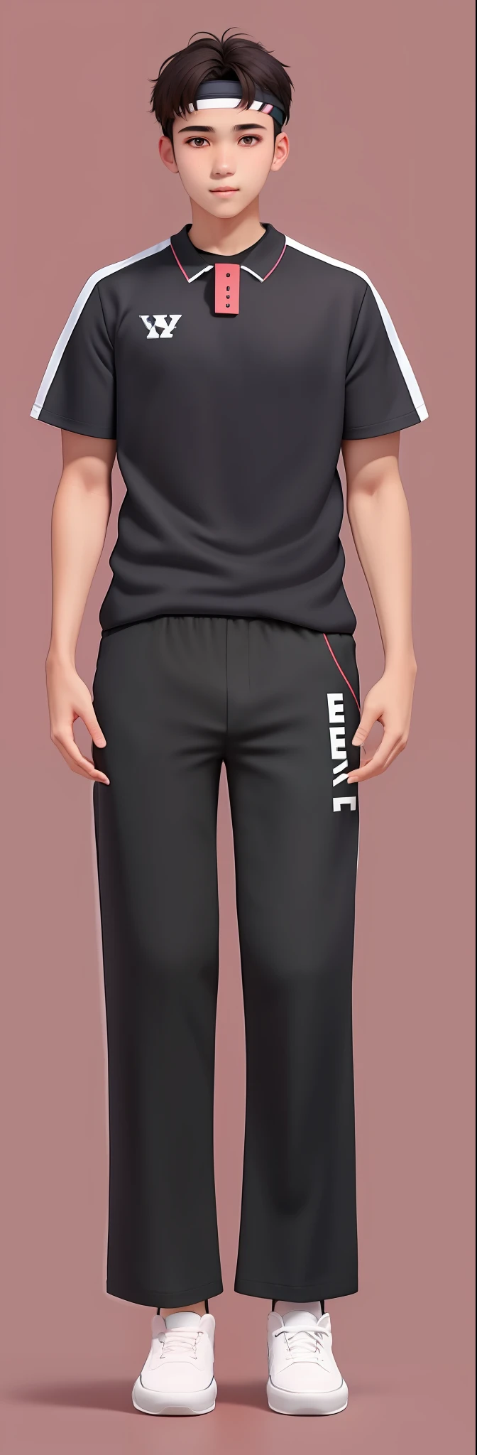 A male high school student, straight nose, short hair, wearing a headband, wearing a short-sleeved shirt with a black neckline, black sports pants, black sneakers