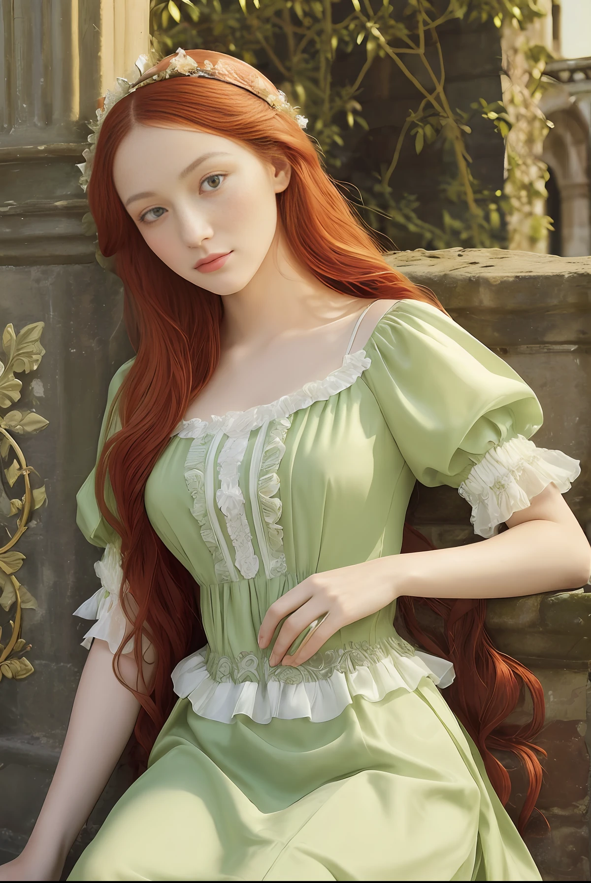 Adopt Sandro Botticelli's Renaissance style to portray a graceful girl with long red hair, serene green eyes, and a radiant complexion. Dress her in an elegant white spaghetti-strap blouse and a black ruffled skirt with intricate folds. Place her in a medieval castle courtyard, surrounded by delicate floral motifs and depicting the artist's attention to graceful poses and intricate details