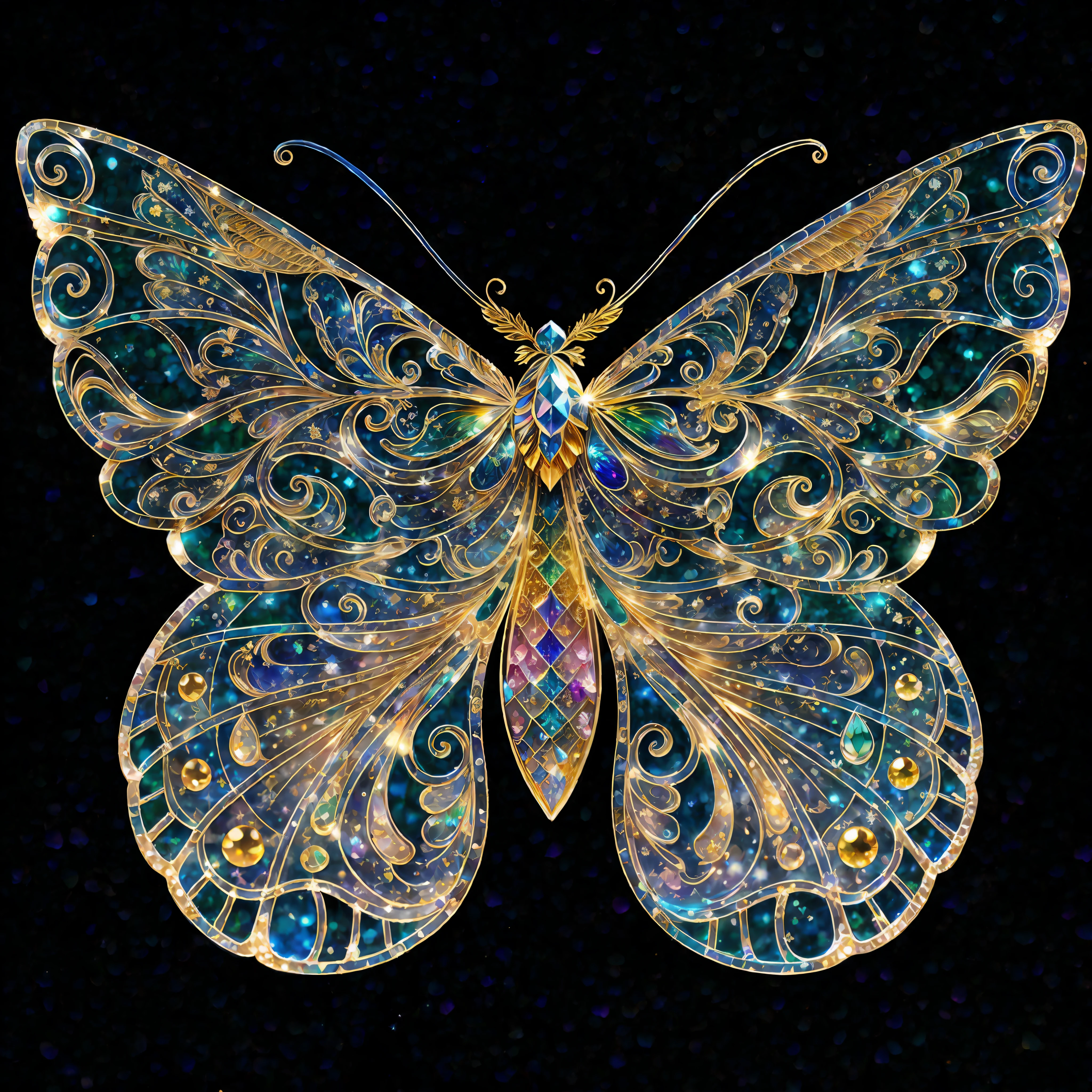 Rainbow color, flying insect, scale, wing, blue, textured, complex, gorgeous, shadow, light pastel color, highly detailed, decorative style, Tim Burton, Dale Chihuli, Xiaolongcheng, Cyril Rolando, author hour gigue, bright gold, rainbow gold leaf, gold dust, sparkle, diamond, crystal, rainbow, gold dust, gold leaf, bright gold, universe, milky way, starry sky, (traditional Chinese color matching, Traditional Chinese patterns: 1.5), Baoxiang flowers, William Morris, (gold lace, and detailed details, masterpieces, gold artwork: 1.5)