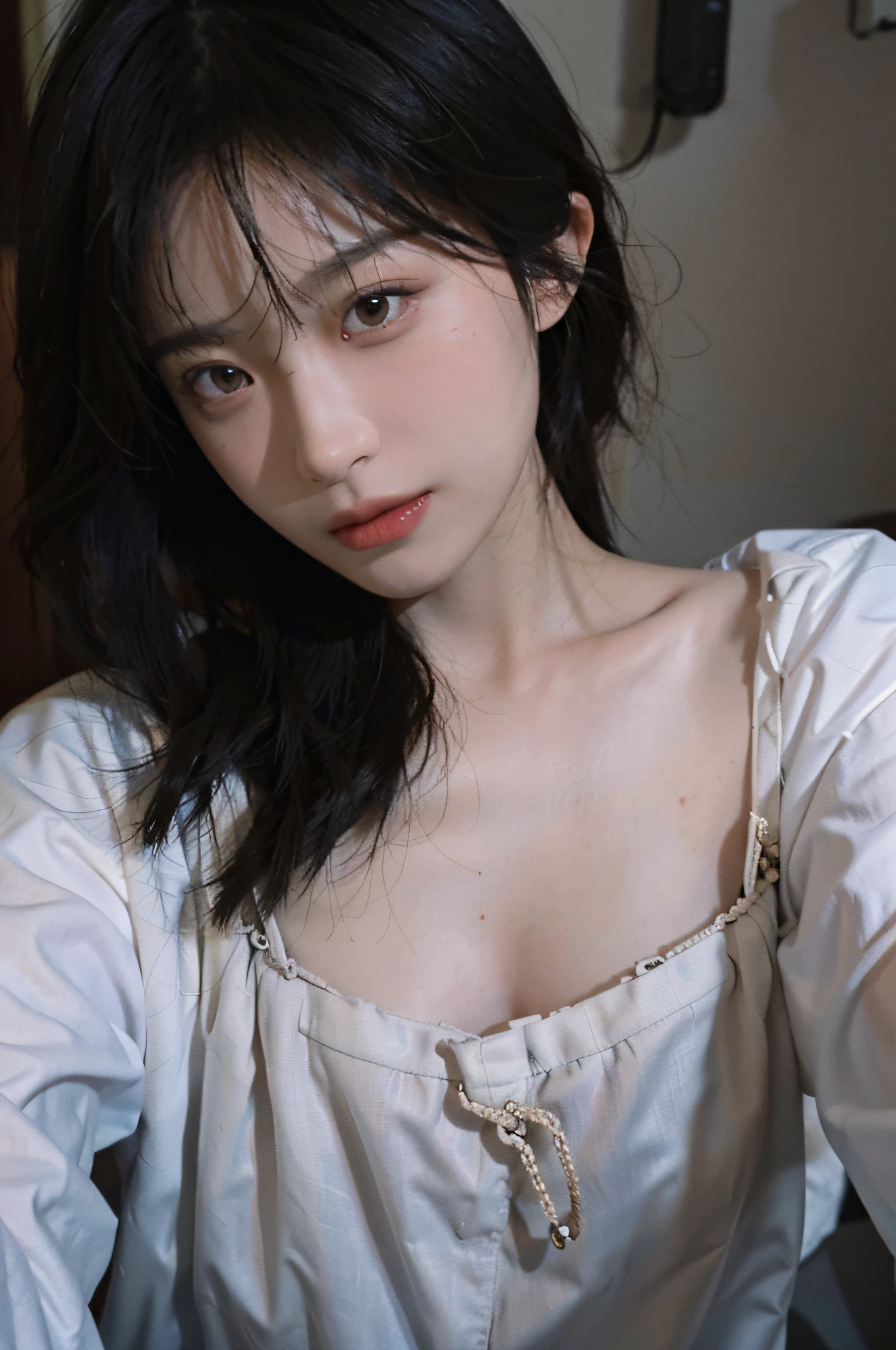 8K, Best Quality, Masterpiece, Ultra High Resolution, (Realism: 1.4), Original Photo, (Realistic Skin Texture: 1.3), (Film Grain: 1.3), (Selfie Angle), 1 Girl, Beautiful Eyes and Face Details, Masterpiece, Best Quality, Close-up, Upper Body, Looking at the Viewer