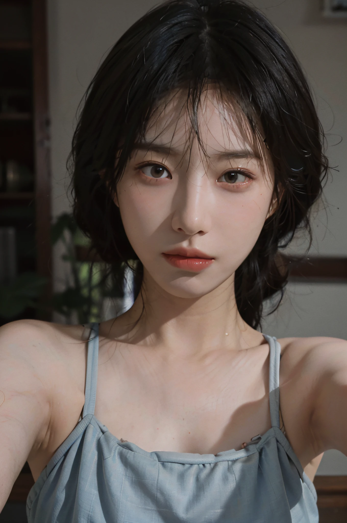 8K, Best Quality, Masterpiece, Ultra High Resolution, (Realism: 1.4), Original Photo, (Realistic Skin Texture: 1.3), (Film Grain: 1.3), (Selfie Angle), 1 Girl, Beautiful Eyes and Face Details, Masterpiece, Best Quality, Close-up, Upper Body, Looking at the Viewer