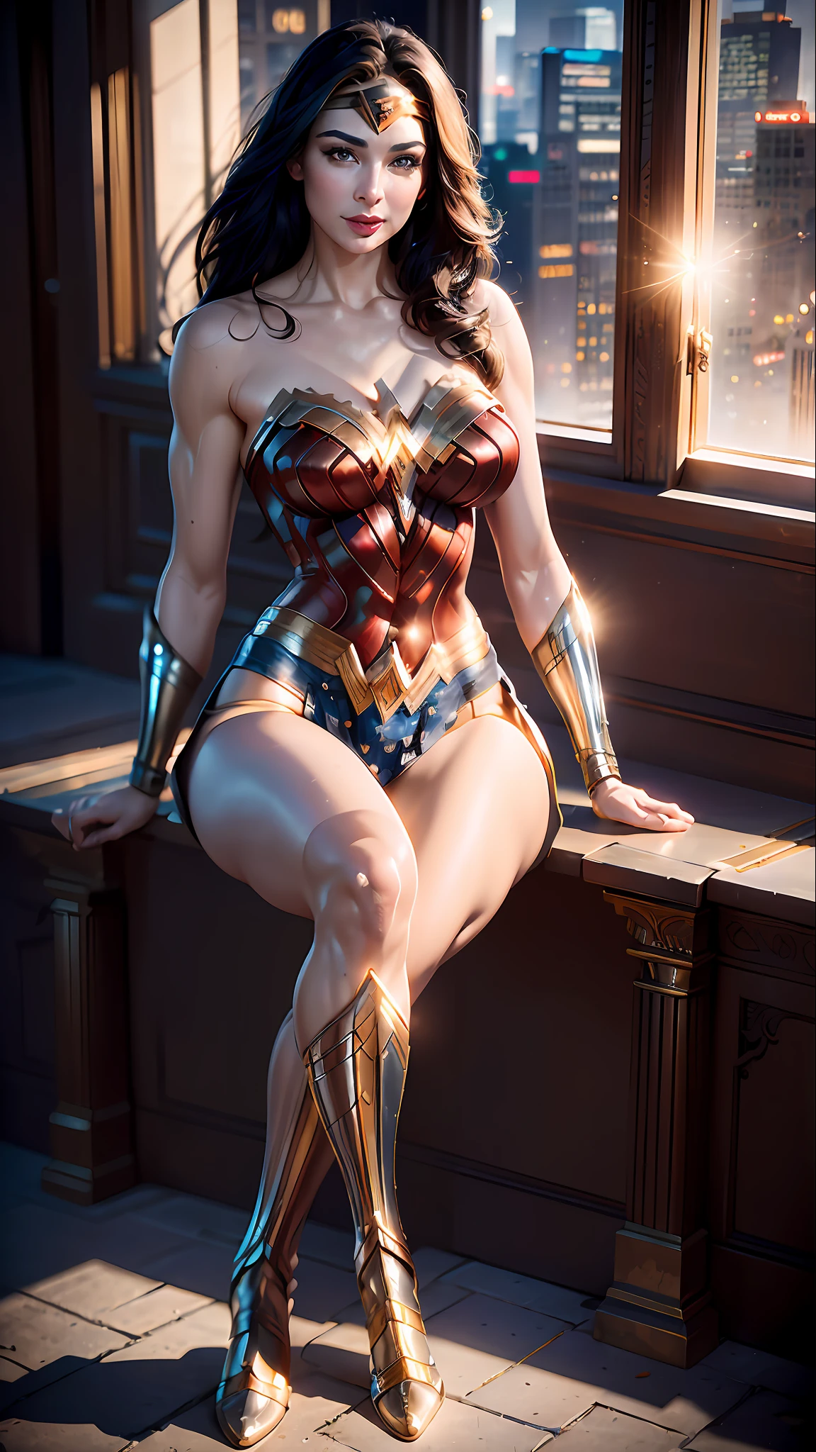 Wonder Woman sitting on top of the City Tower, sitting, (crossed legs:1.3), (Victoria's Secret Model Wonder Woman), 1Girl's photo, single, solo, ((intricate details, makeup), (delicate and beautiful delicate face, delicate and beautiful delicate eyes, face with perfect proportions), high-detail skin, delicate skin, best proportions Four fingers and one thumb, strong and realistic blue eyes, realistic black hair, lips, makeup, natural skin texture, tiara, leotard, bulletproof cuffs, red boots,  (public clothing:1.3), slightly sunburned skin tone, mature, sexy, elastic muscles, (muscles:1.2), ((strong and healthy body)) legs, curves, thick thighs, wide buttocks, thin legs, (big breasts: 1.3), thin waist, soft waist, (delicate skin), (glossy skin), (beautiful and sexy woman), (swollen lips: 0.9), (eyelashes: 1.2), very delicate muscle definition, cyberpunk art by James Gilead and Bruce Pennington. Popularity in CG Society contests 4K quality Highly detailed and complex masterpieces HD 8K isometric perspective w- 1024 x160px ultra wide-angle shot behance lighting effects lens flare watercolor painting octane rendering nvidia ray tracing demo Deviantart Feature Films Rough, Window, City, Street, Night, Hotel, SkyScraper, Skyline, View, Cinema