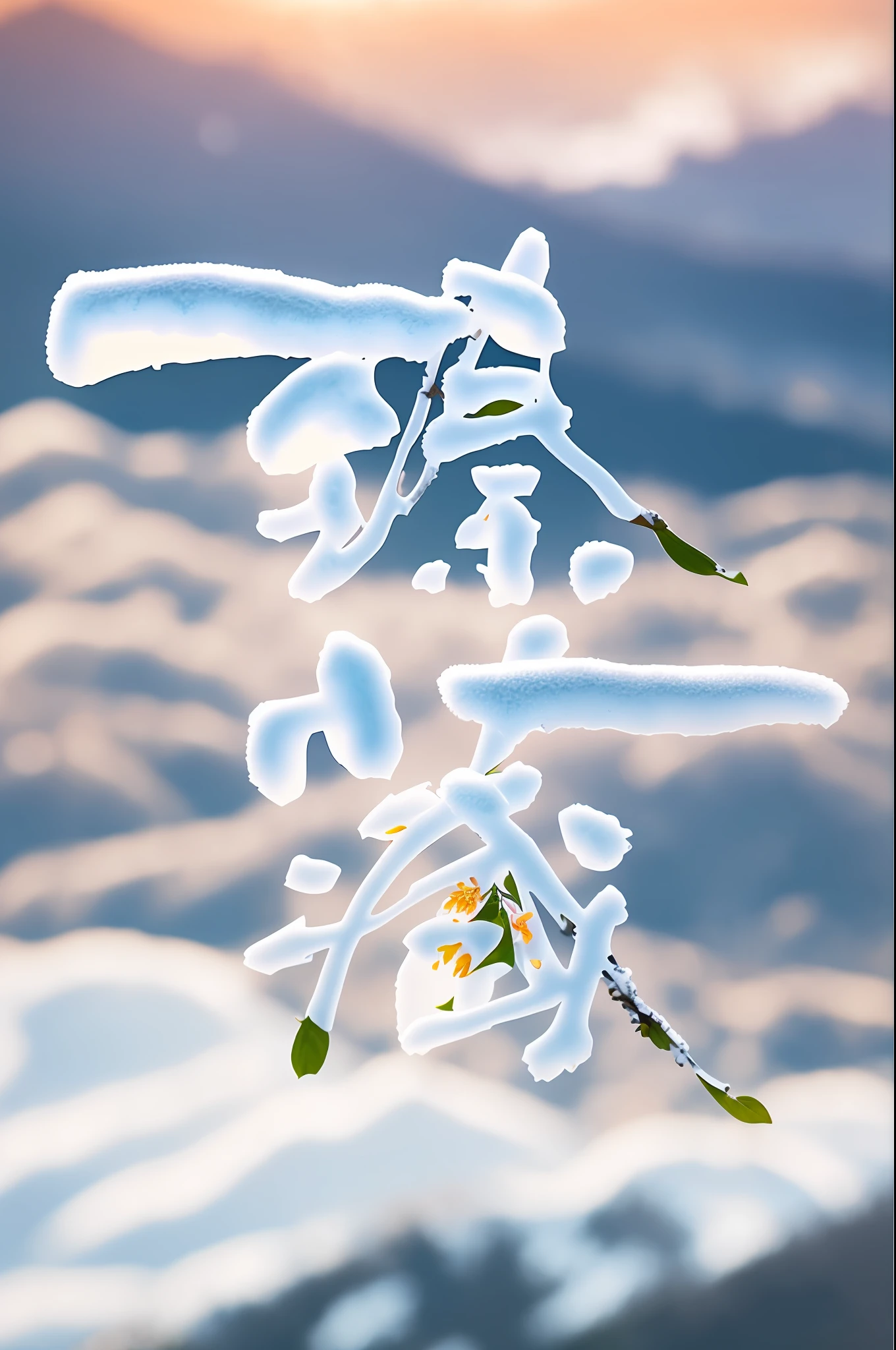 Snowy Mountains, Peach Blossoms, Clouds, (Intricate Details), HDR, (Intricate Details, Hyperdetailed: 1.2), Cinematic Shots, Vignette, Centered