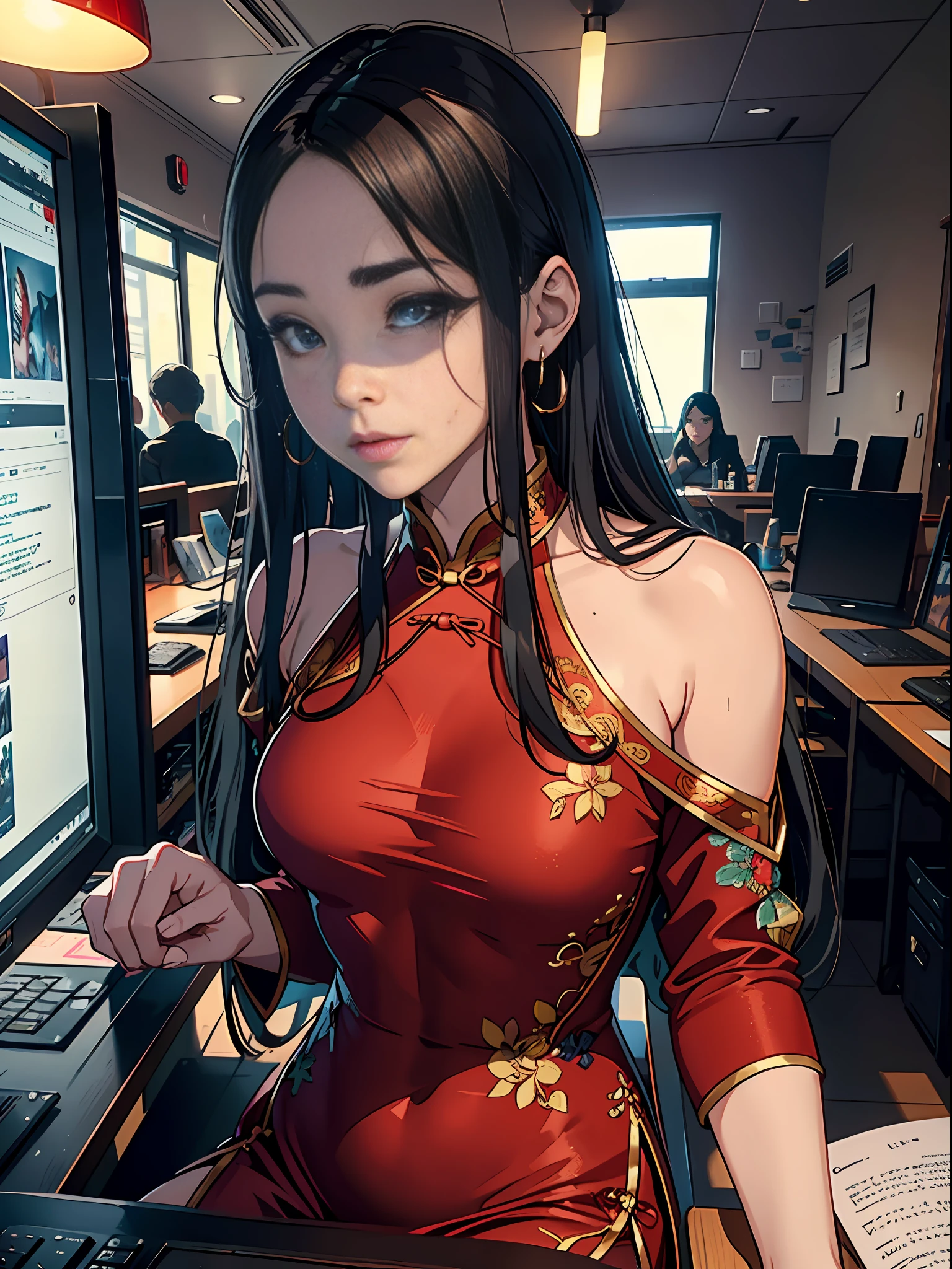 Woman who is reading and studying, young woman, there is a computer in the room, mature appearance, willow eyebrows, big eyes, crying, tears, sadness, woman with exquisite facial features, woman sitting at the computer desk live broadcast, detail portrayal, infinite details, Tyndall effect, ultra clear, 8K, character tracing, ray tracing, modern woman, high appearance, beauty, intellectual beauty, sexy seduction, (((wearing red tight cheongsam))), (urban beauty), (sexy), (seductive) (off-the-shoulder)