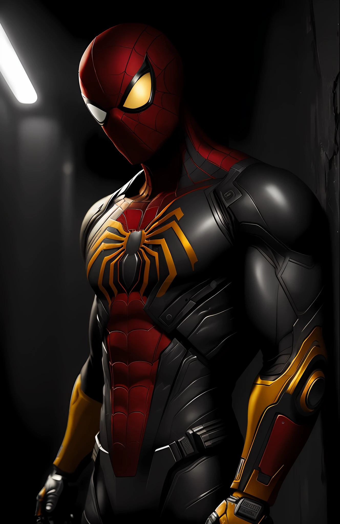 (dark shot: 1.1), epic realistic, Terminator Spider-Man from Marvel, yellow gradient, black, brown and magenta color scheme, grunge aesthetic!!! graffiti tag wall background, art by Greg Rutkowski and artgerm, soft cinematic light, Adobe Lightroom, darkroom, HDR, intricate, highly detailed, (depth of field: 1.4), faded, (neutral colors: 1.2), (hdr: 1.4), (muted colors: 1.2), hyper-detail (artstation: 1.4), cinematic, warm light, dramatic light (complex details: 1.1)