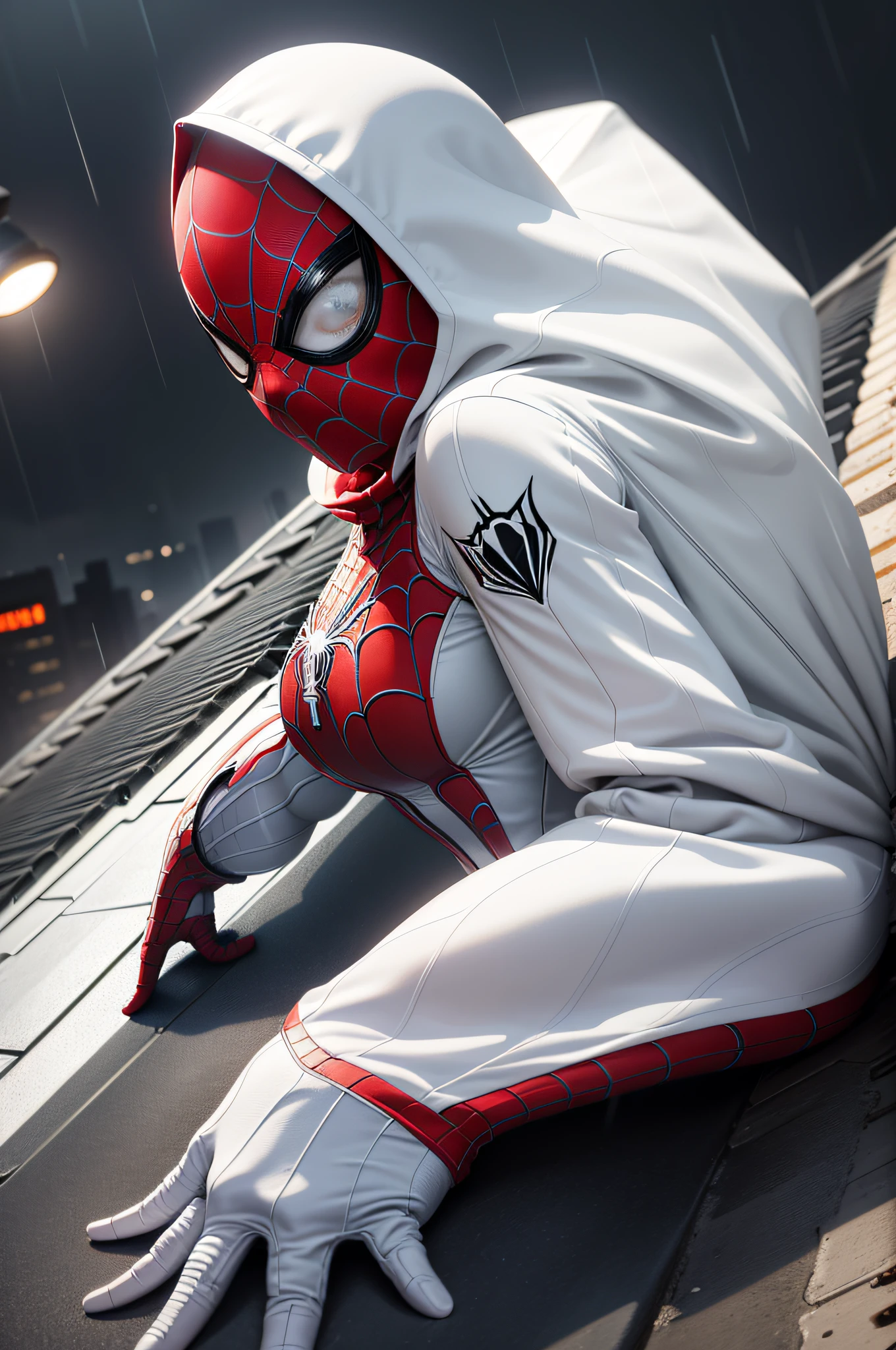 18 year old girl, white Spider-Man suit, Spider-Man hood wrap, rain, roof, masterpiece, exquisite details