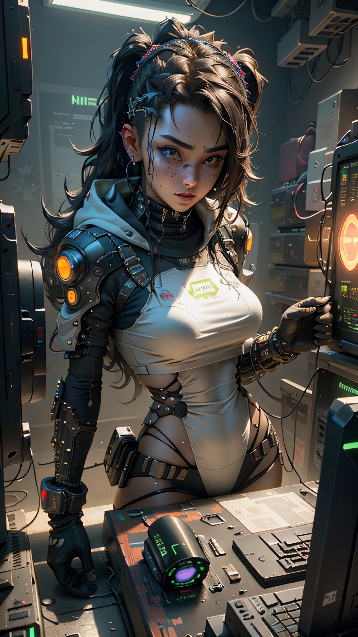 ((Best quality)), ((masterpiece)), (highly detailed:1.3), 3D, beautiful (cyberpunk:1.3) female hacker with thick voluminous hair operating a computer terminal, computer servers, LCD screens, fibre optic cables, corporate logos,HDR (High Dynamic Range),Ray Tracing,NVIDIA RTX,Super-Resolution,Unreal 5,Subsurface scattering,PBR Texturing,Post-processing,Anisotropic Filtering,Depth-of-field,Maximum clarity and sharpness,Multi-layered textures,Albedo and Specular maps,Surface shading,Accurate simulation of light-material interaction,Perfect proportions,Octane Render,Two-tone lighting,Low ISO,White balance,Rule of thirds,Wide aperature,8K RAW,Efficient Sub-Pixel,sub-pixel convolution,luminescent particles,