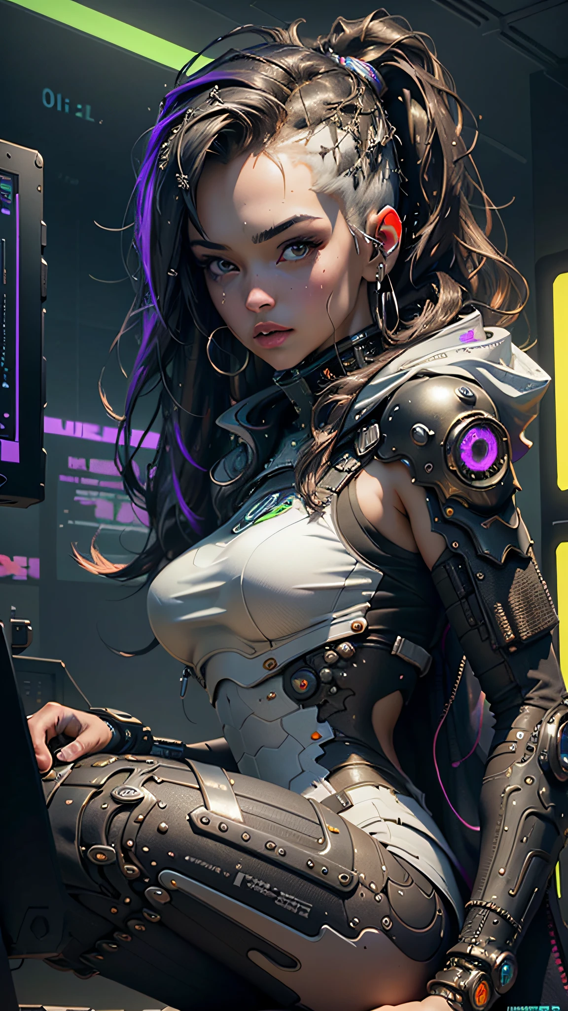 ((Best quality)), ((masterpiece)), (highly detailed:1.3), 3D, beautiful (cyberpunk:1.3) female hacker with thick voluminous hair operating a computer terminal, computer servers, LCD screens, fibre optic cables, corporate logos,HDR (High Dynamic Range),Ray Tracing,NVIDIA RTX,Super-Resolution,Unreal 5,Subsurface scattering,PBR Texturing,Post-processing,Anisotropic Filtering,Depth-of-field,Maximum clarity and sharpness,Multi-layered textures,Albedo and Specular maps,Surface shading,Accurate simulation of light-material interaction,Perfect proportions,Octane Render,Two-tone lighting,Low ISO,White balance,Rule of thirds,Wide aperature,8K RAW,Efficient Sub-Pixel,sub-pixel convolution,luminescent particles,