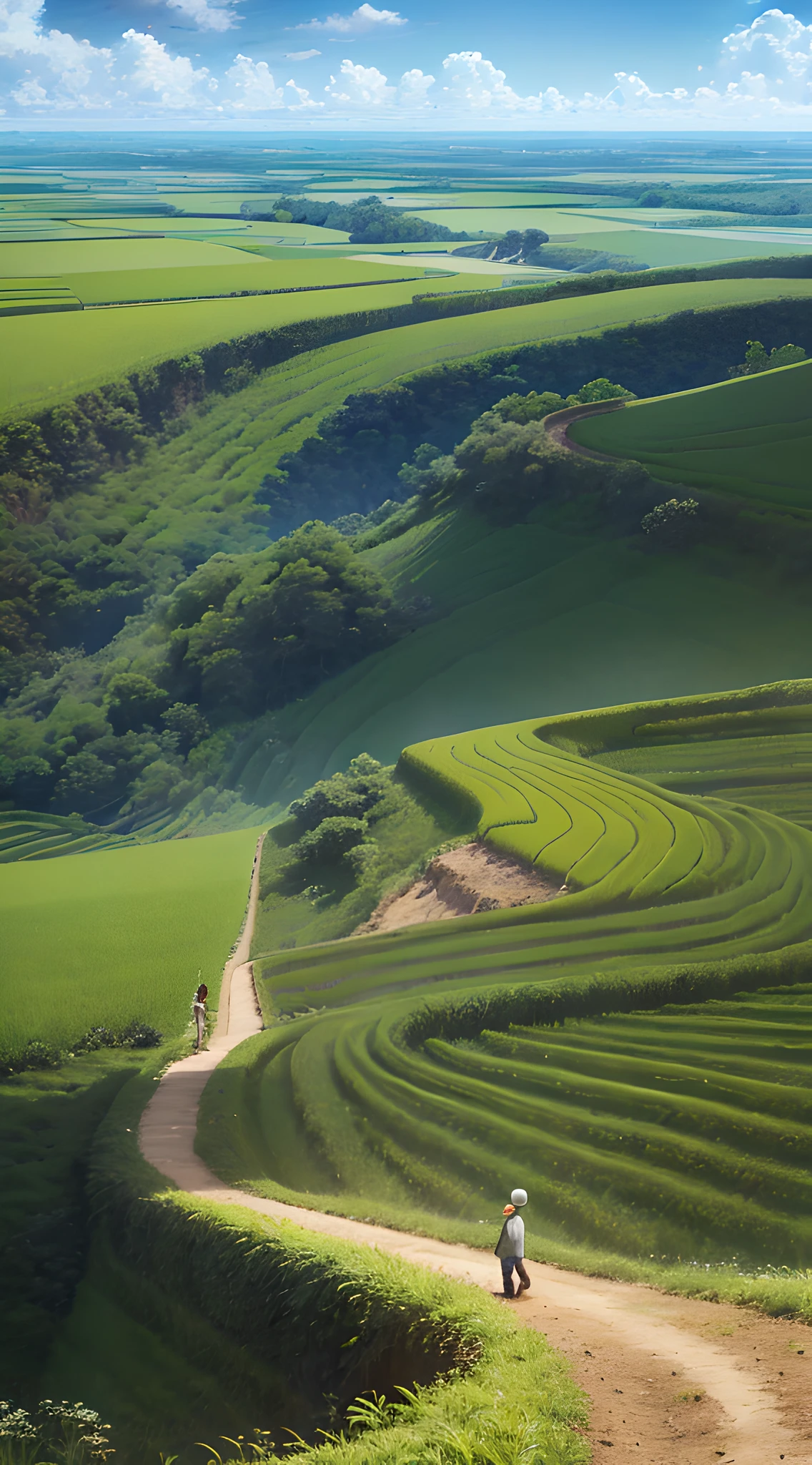 An old farmer carrying a flat burden, walking on the winding path of the countryside, big clouds, blue sky, rice fields, neat rice seedlings in the field, forest, hillside, secluded, countryside, HD detail, hyper-detail, cinematic, surrealism, soft light, deep field focus bokeh, ray tracing and surrealism. --v6