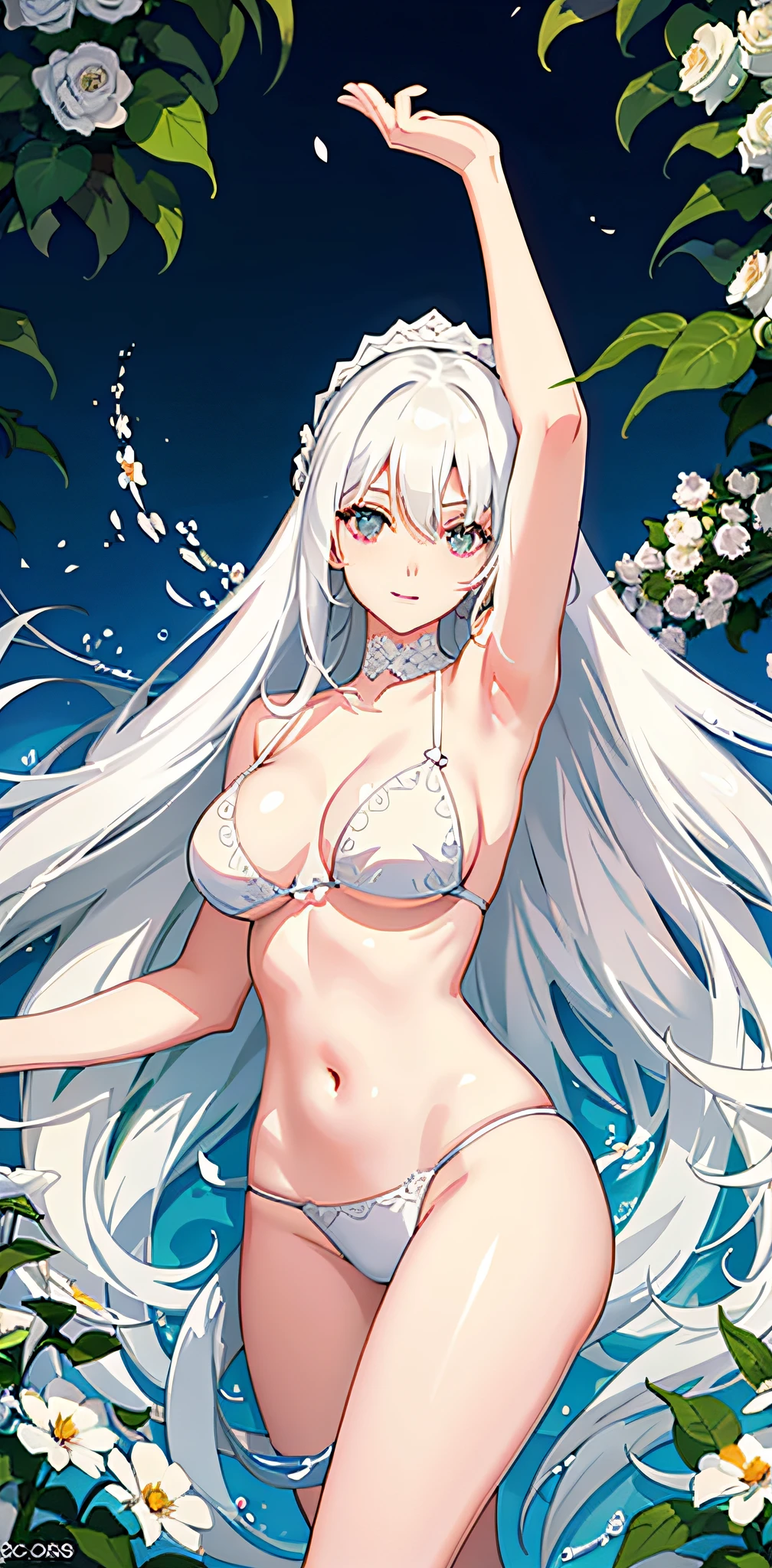 A photo of a woman in a bikini lying in a flower field, perfect white-haired girl, white-haired god, seductive anime girl, white-haired girl, white-haired girl, white-haired lady, beautiful seductive anime woman, beautiful anime girl, detailed digital anime art, flowing white hair, clean detailed anime art, white hair floating in the air, raise and separate your legs