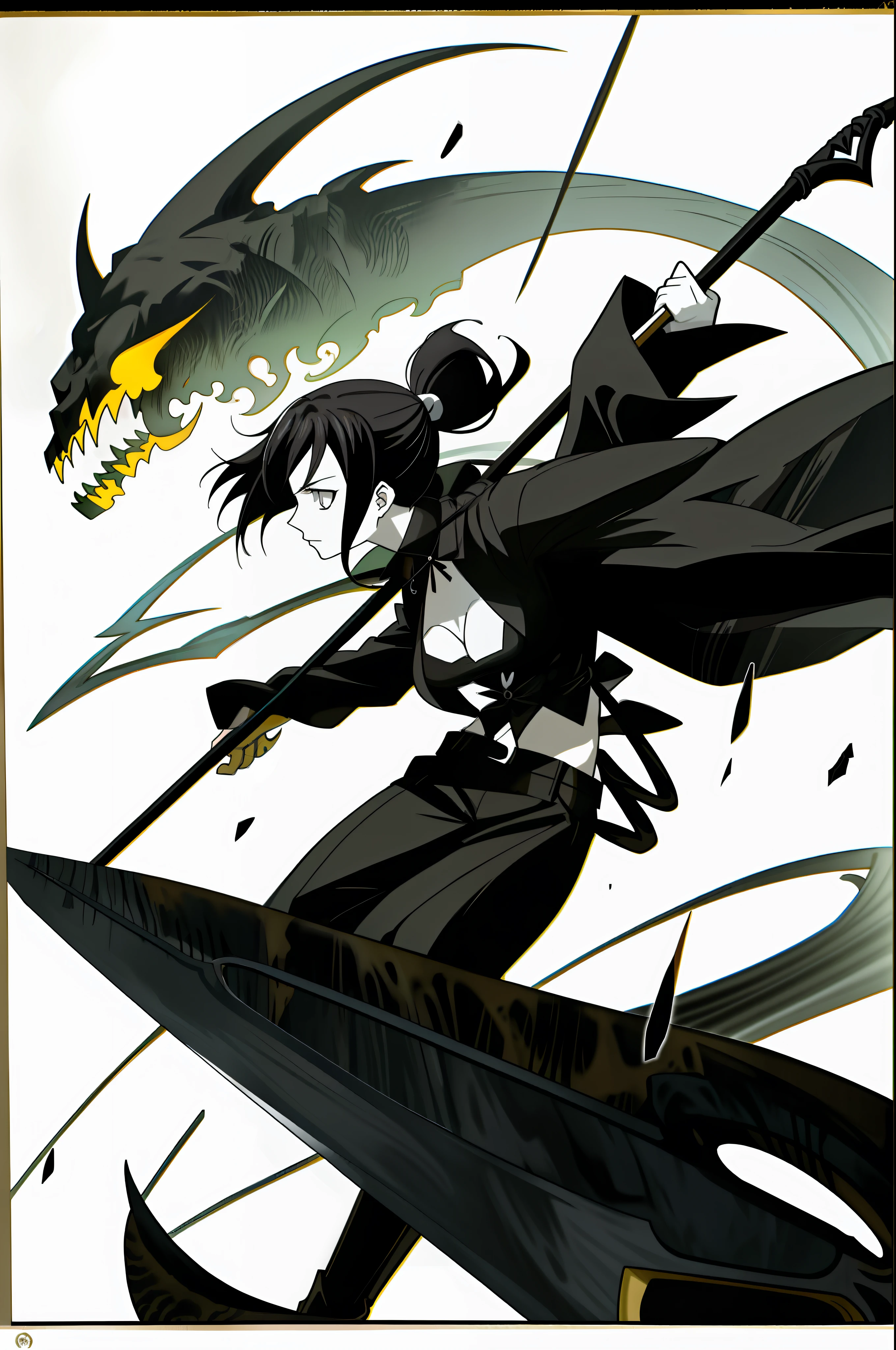 Anime pictures of a woman with a scythe and a black monster, black and white manga style, mixed style of Nippin Tun