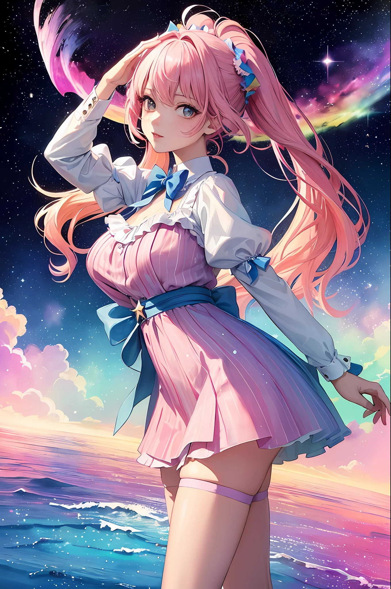 (Masterpiece, Top Quality, Best Quality, Watercolor (Middle), Official Art, Beauty and Aesthetics: 1.2), Upper Body, Looking at the Viewer from the Front, Pattern, (Rainbow Hair, Pink Gradient Hair: 1.2), Water, Liquid, Clouds, Colorful, Starry, Stars, Full Body, Stockings, Star Diamond Milky Way, Floral Lolita Shoes, Bow Clips;