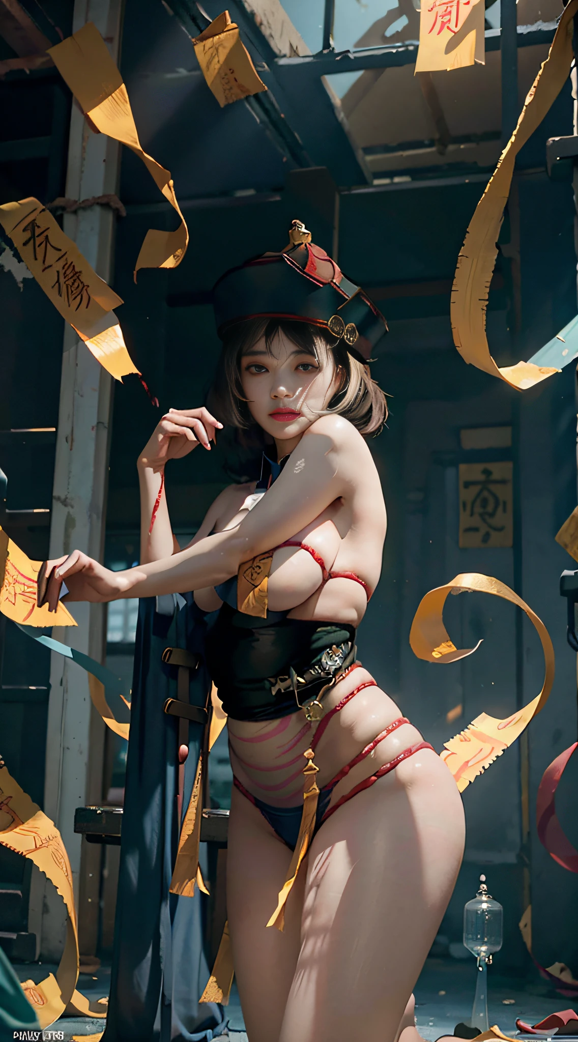RAW, masterpiece, super fine photo, best quality, super high resolution, realistic, sunlight, a beautiful woman with yellow rune paper on her face, a lot of Taoist rune paper on her body, Qing dynasty official uniform, white bandages with blood stains wrapped around her body, female zombie, Hong Kong Lin Zhengying zombie movie character, pale skin, fair skin, vampire teeth, amazing beauty, dynamic pose, delicate face, abandoned warehouse background, messy, gorgeous, high detail skin, realistic skin details, sharp focus, volumetric light, 8k UHD, DSLR, high quality, film grain, realism