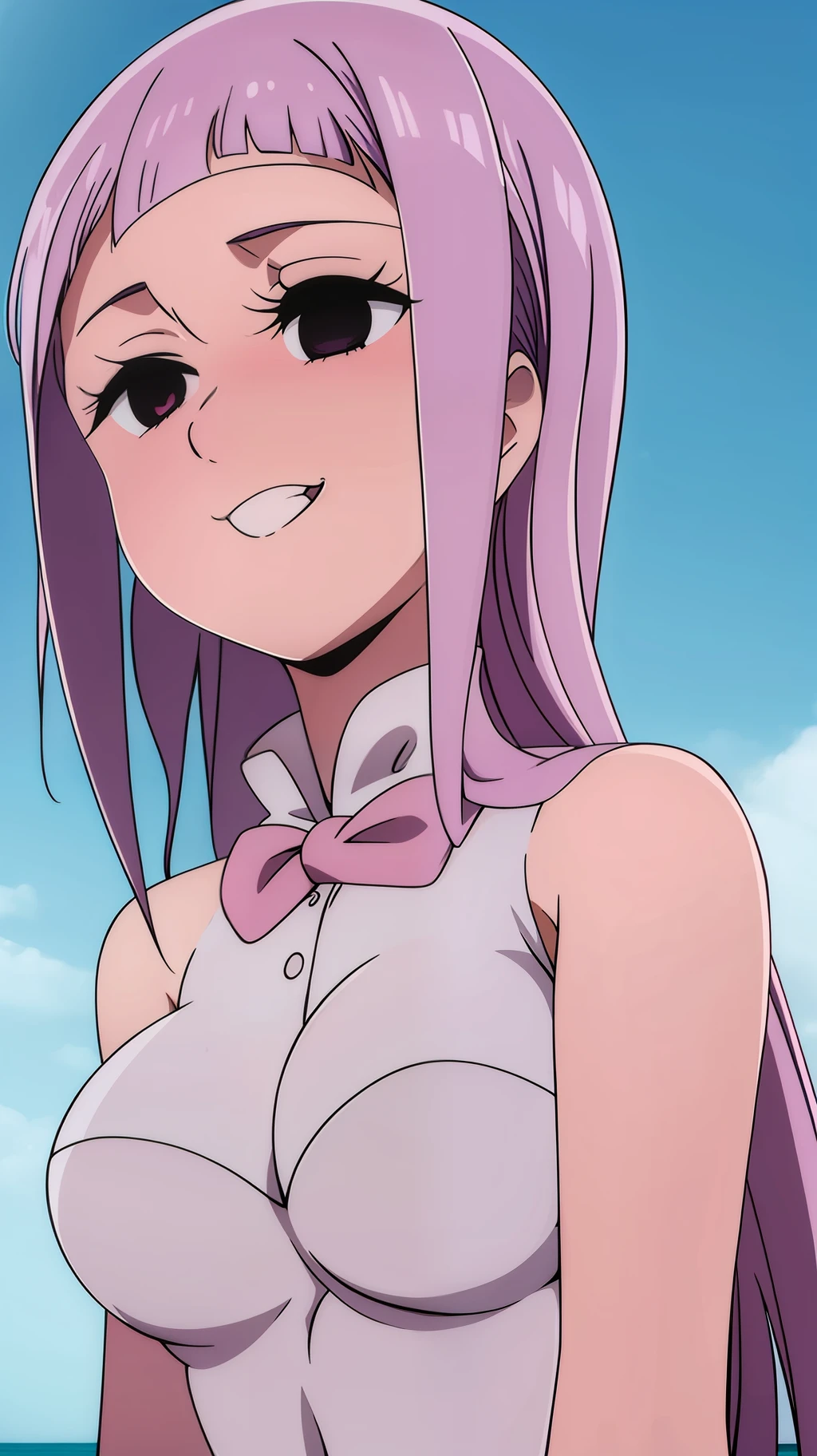 ((masterpiece)), ((best quality)), melascula, empty eyes, 1girl, solo, long_hair, medium_breasts, pink_hair, purple hair, blunt bangs, smile, blush, beach, sexy, censored, near naked