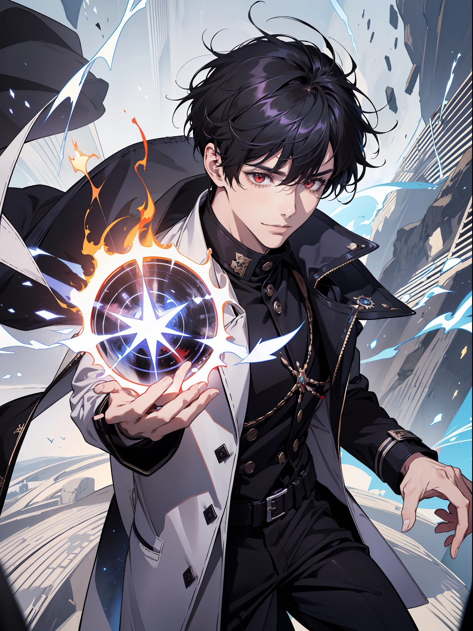 (Absurd, high resolution), (panorama), a man, very handsome, flying in the sky, red eyes, short hair, black hair, smile, white clothes, black trench coat, black trousers, black boots, (white magic streamer for hands), medieval wind, magic bloom, (blue magic array under feet), daytime, ancient wind, soul ring, exaggeration, flame burning, lightning