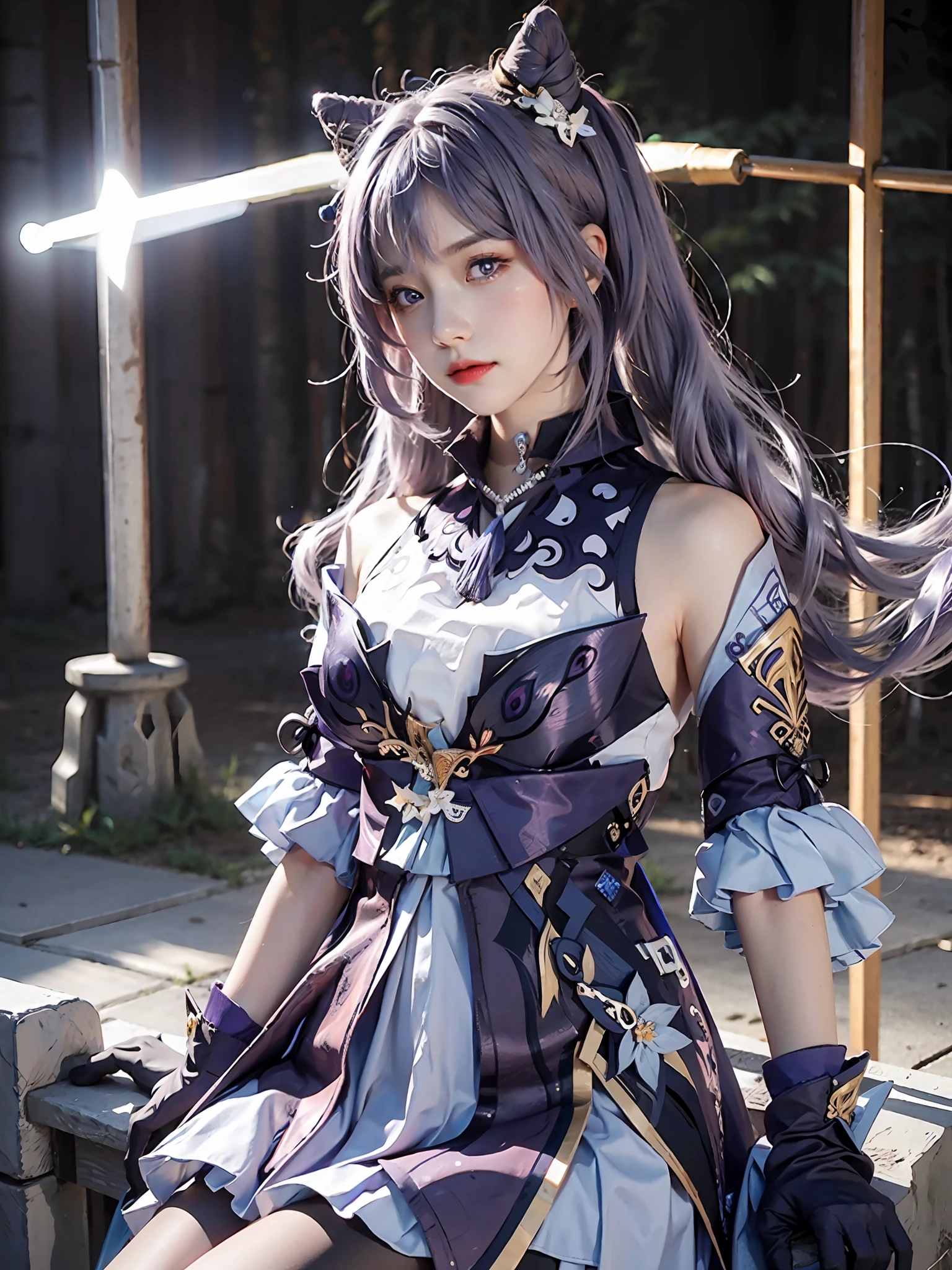 Masterpiece, best quality, detail, depth of field, ultra-realistic, realistic face and eyes, realistic skin texture, cinematic lighting, eyes to see the audience. 1 girl, solo, (frown, closed mouth), keqing_\(genshin_impact\), purple_eyes, purple hair, double tail, sharp eyes, serious face, gloves, black stockings, outdoor, purple lightning, fileg, lightning glowing sword, purple lightning, upper body