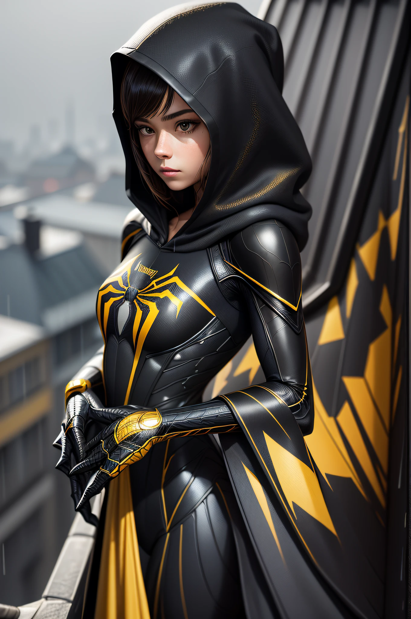 18 year old girl, black and gold Spider-Man suit, Spider-Man hood wrap, rain, roof, masterpiece, exquisite details