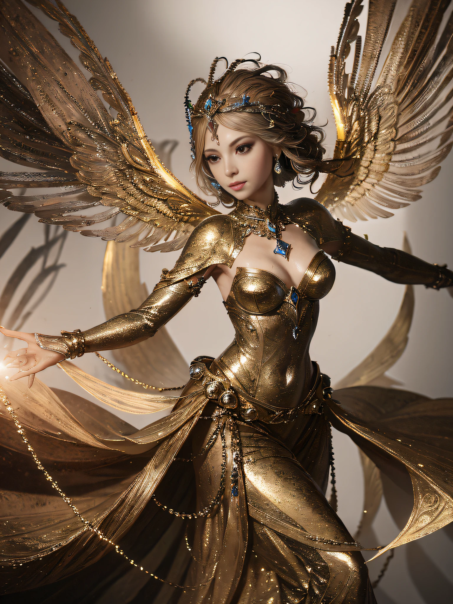araffe woman in a golden dress with wings and a light, goddess. extremely high detail, angelic golden armor, beautiful and elegant elf queen, artist artgerm i and wlop, extremely detailed goddess shot, artgerm and wlop, karol bak uhd, wlop and artgerm, cgsociety masterpiece, a beautiful fantasy empress