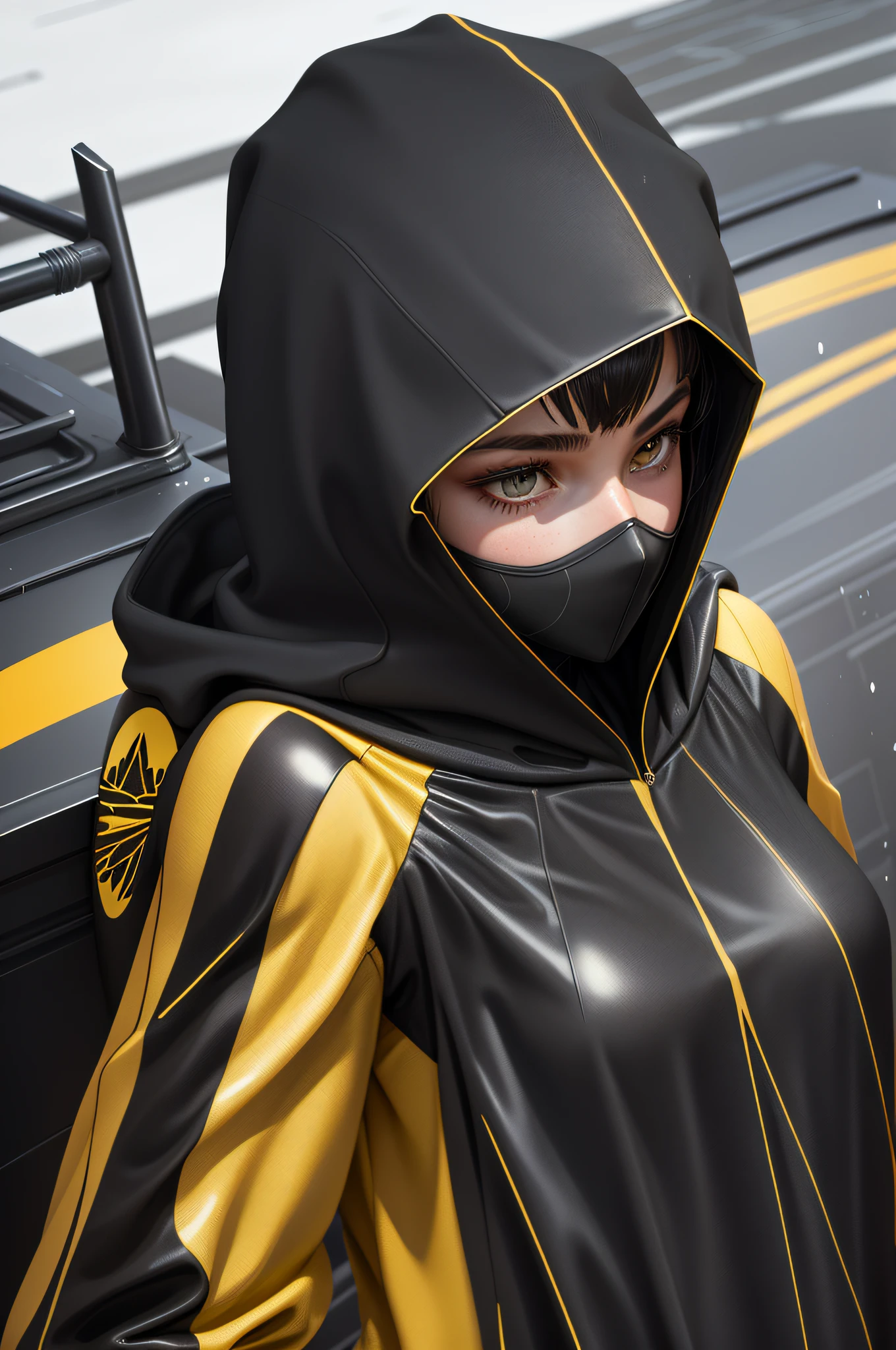 18 year old girl, black and gold Spider-Man suit, Spider-Man hood wrap, rain, roof, masterpiece, exquisite details
