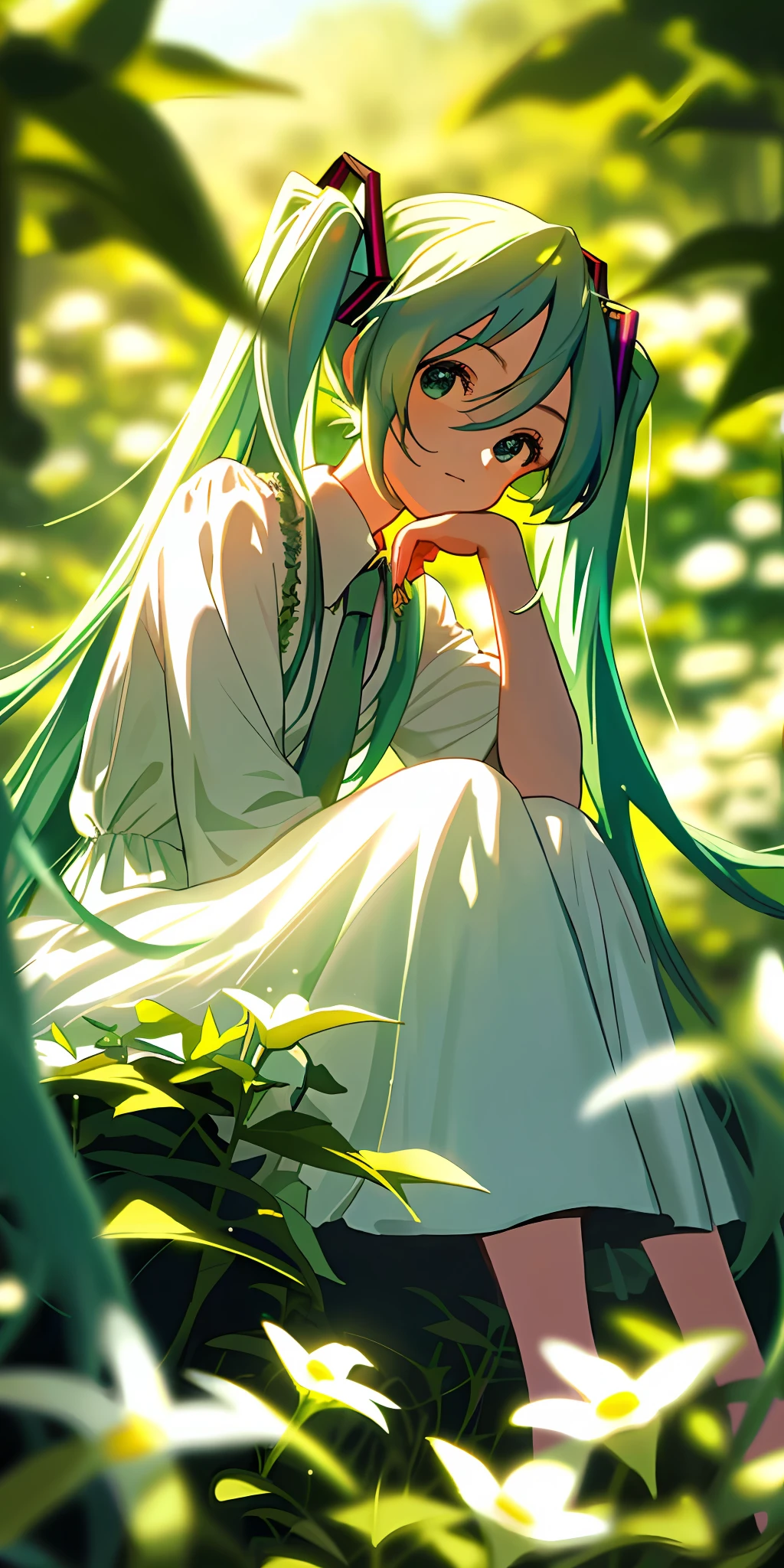 (masterpiece, best quality),1girl with long white hair sitting in a field of green plants and flowers, hatsune miku,her hand under her chin, warm lighting, white dress, blurry foreground
