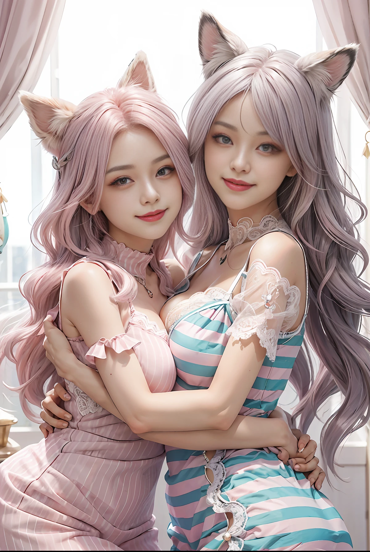 Good anatomy, 2 girls, hug, light smile, fox ears, noble, lace dress, gemstones, pink eyes, hair between the eyes, striped hair, long silver hair, big breasts