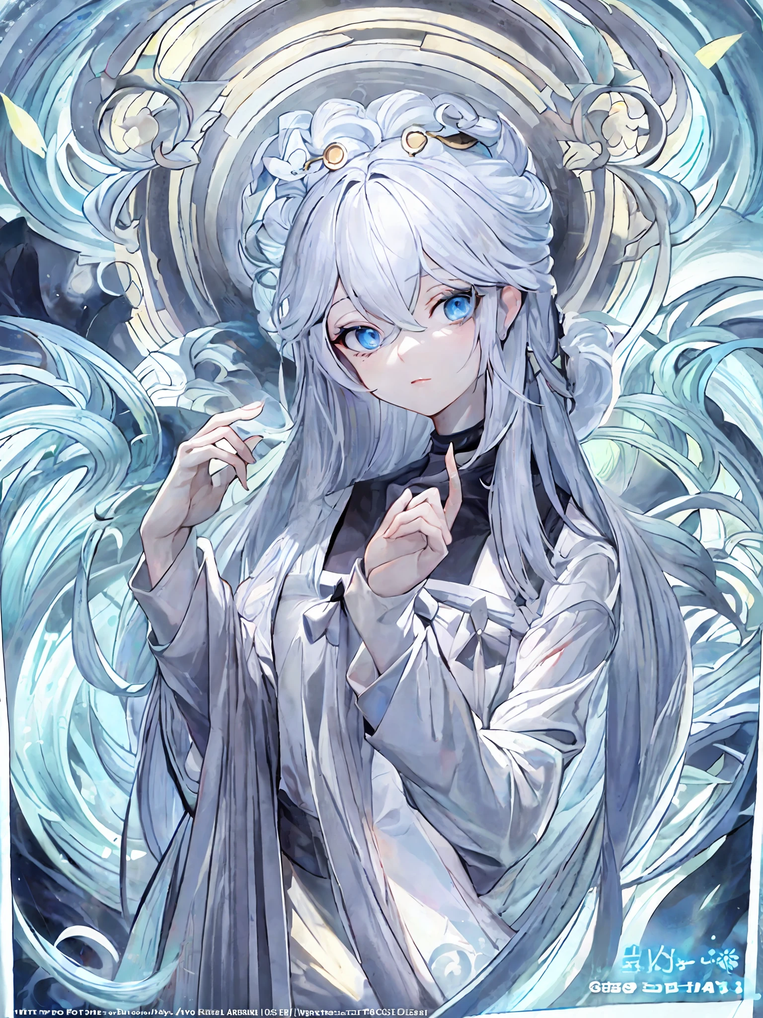 A pixiv competition winner, fantasy art, white-haired god, beautiful character painting, guvez style artwork, dazzling gaze of Yuki Onna, guweiz, long white hair, flowing hair and robes, cute big eyes, illustrations, fine lines, deep color