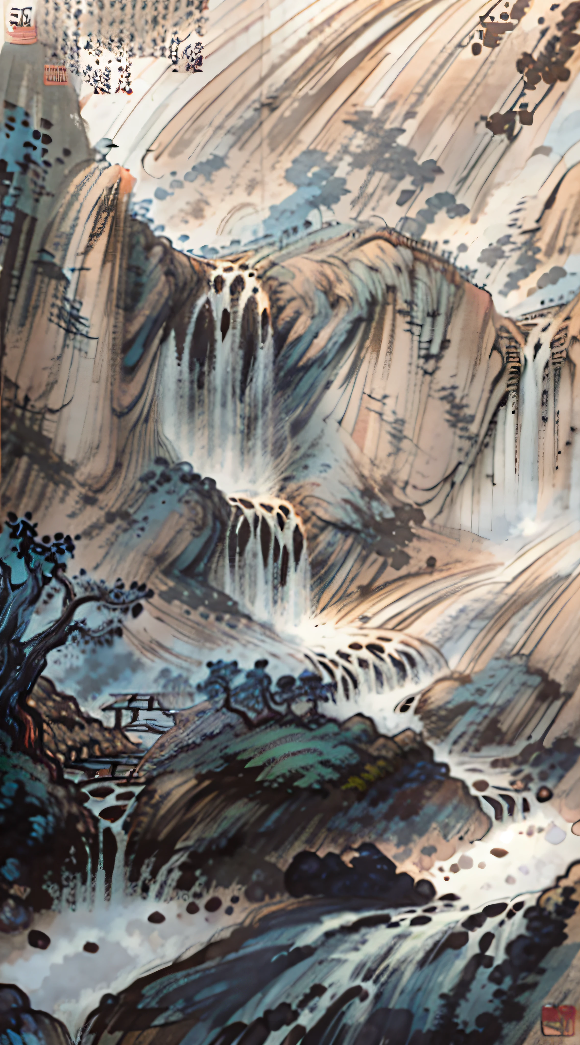 Traditional Chinese painting, spring, lake, waterfall, tree, meadow, rock, hot spring, water vapor, (illustration: 1.0), epic composition, realistic lighting, HD detail, masterpiece, best quality, (very detailed CG unified 8k wallpaper)
