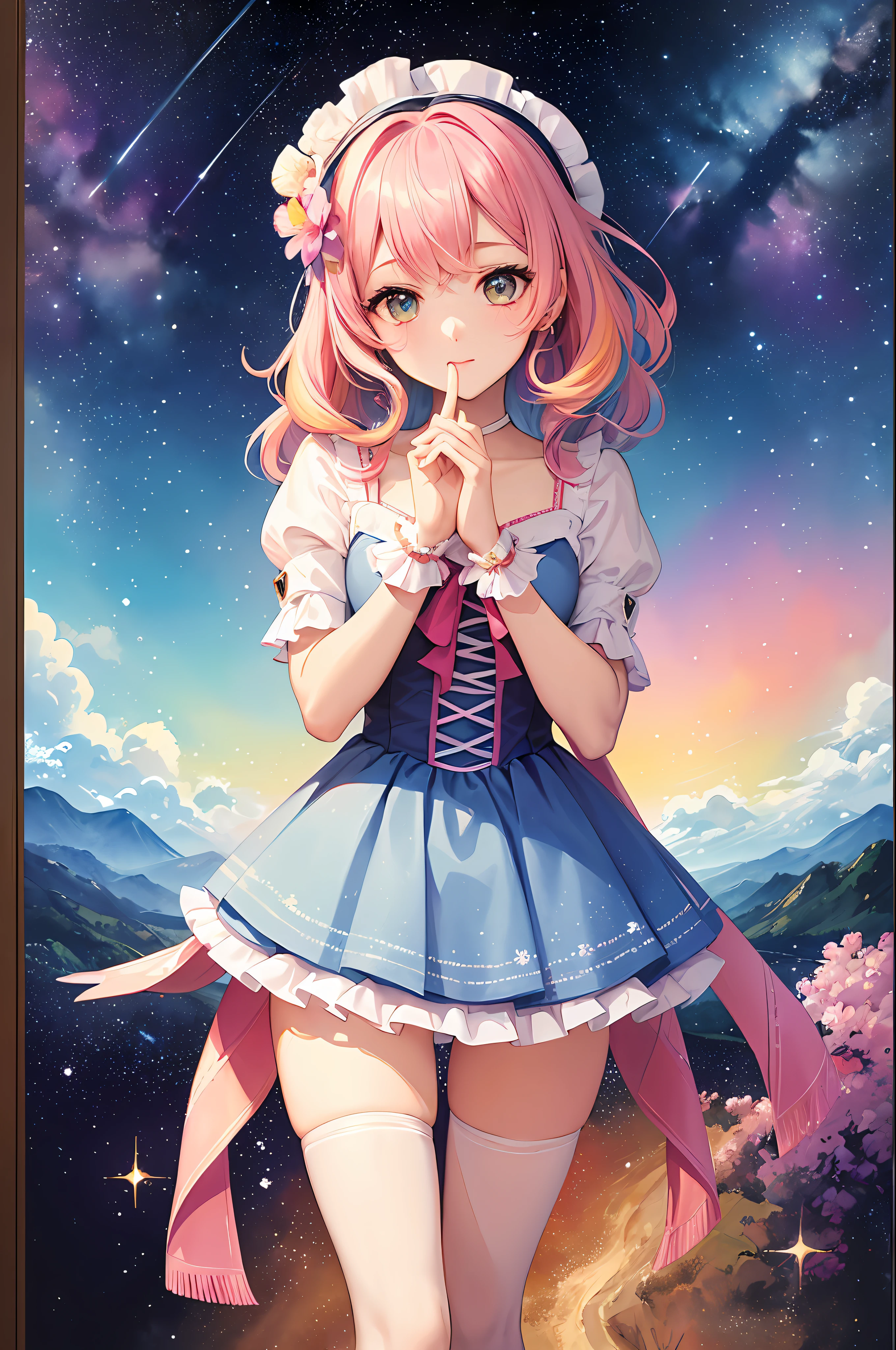 (Masterpiece, Top Quality, Best Quality, Watercolor (Middle), Official Art, Beauty and Aesthetics: 1.2), Upper Body, Looking at the Viewer from the Front, Pattern, (Rainbow Hair, Pink Gradient Hair: 1.2), Water, Liquid, Clouds, Colorful, Starry, Stars, Full Body, Stockings, Star Diamond Milky Way, Floral Lolita Shoes, Bow Clips;