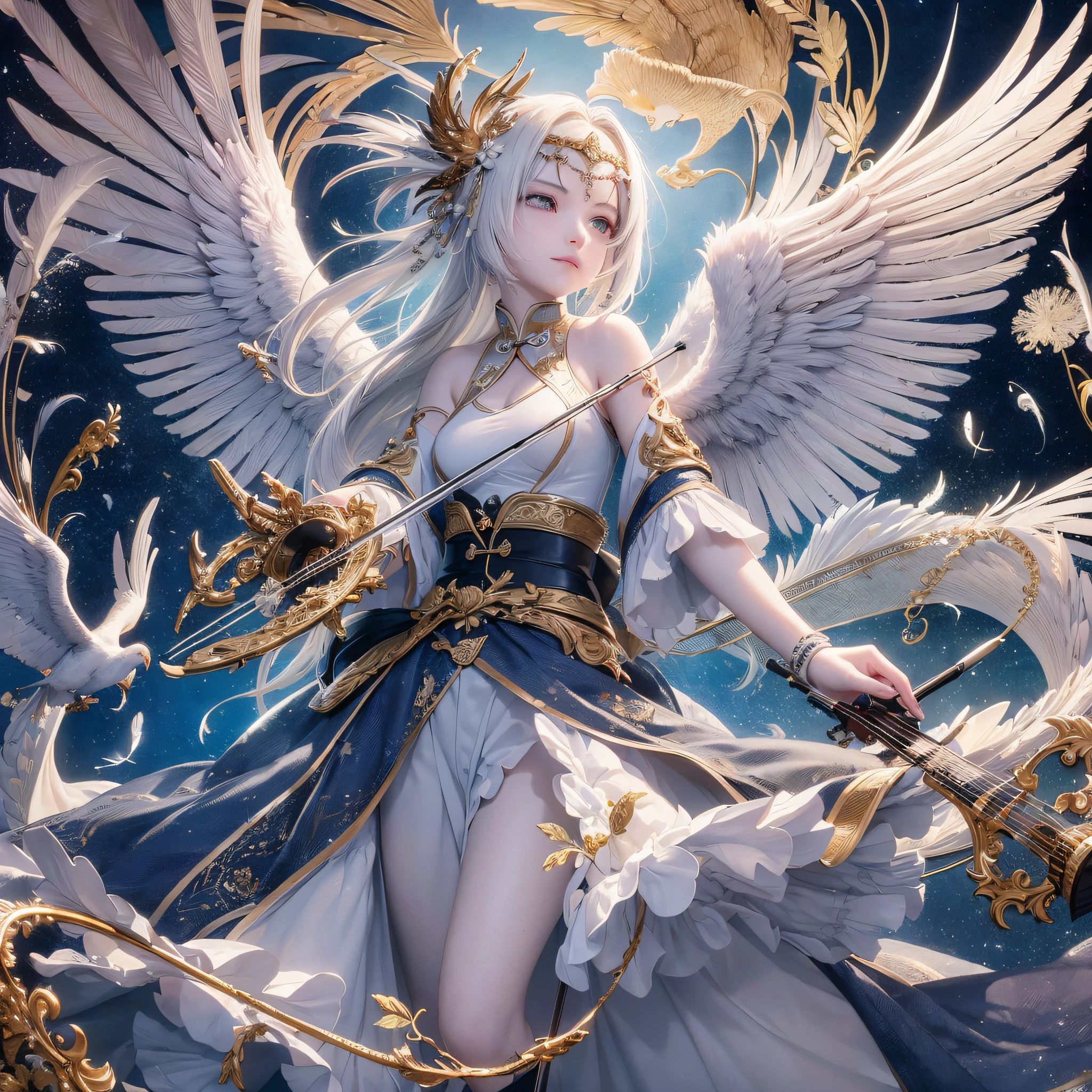 (8K, Masterpiece: 1.4, Best Quality), Final Fantasy, Fantasy, Lighting, Feather Fan, Feather, White Chinese Slip Suit, Chinese Costume, Wingspan Eagle Wings, Solo Violin, Floating Clouds, Mourning Paper Cut, Dream Night. --auto --s2