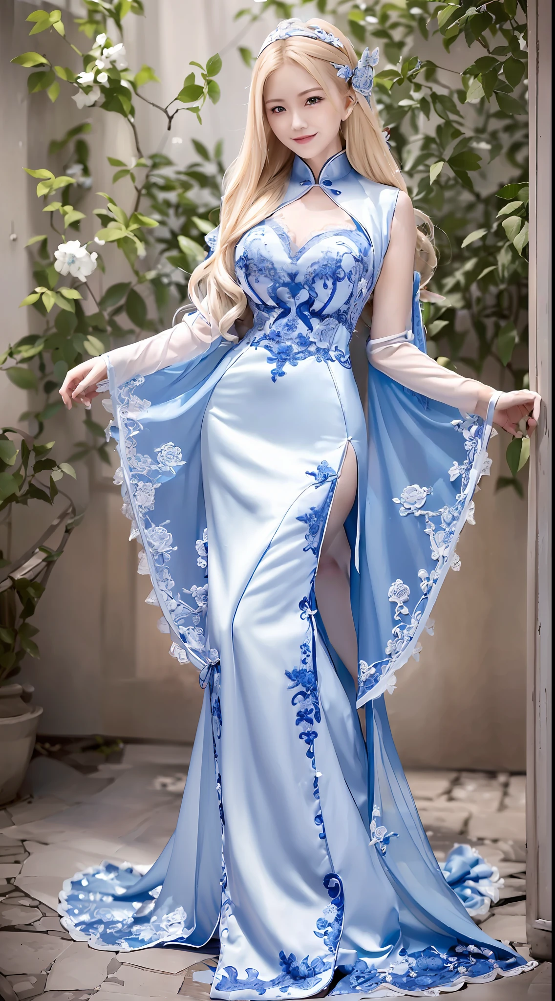 (A woman with long blonde hair in a Chinese blue and white lace dress, 1.4) (fingers must be detailed, 1.9) (a pair of elf wings on the back, 1.5) (smiling at the camera, 1.6) (full body close, 1.7) (holding a Tang knife, 1.8)
