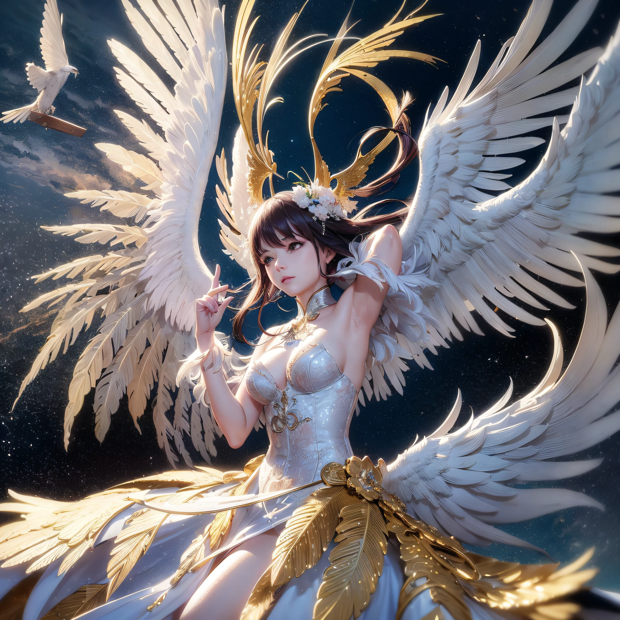 (8K, Masterpiece: 1.4, Best Quality), Final Fantasy, Fantasy, Lighting, Feather Fan, Feather, White Chinese Slip Suit, Chinese Costume, Wingspan Eagle Wings, Solo Violin, Floating Clouds, Mourning Paper Cut, Dream Night. --auto --s2