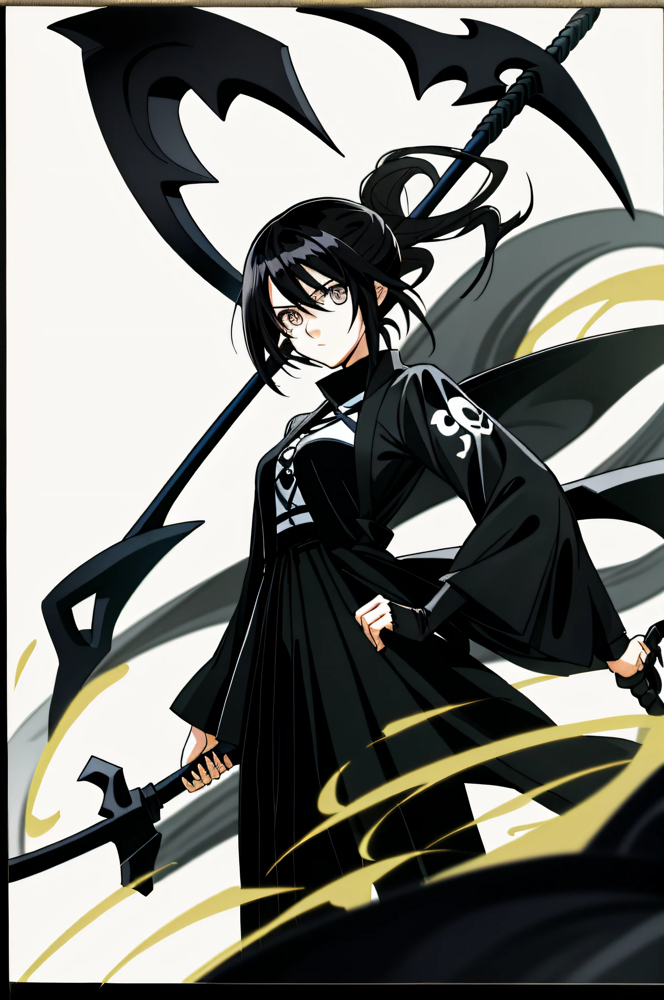 Anime pictures of a woman with a scythe and a black monster, black and white manga style, mixed style of Nippin Tun