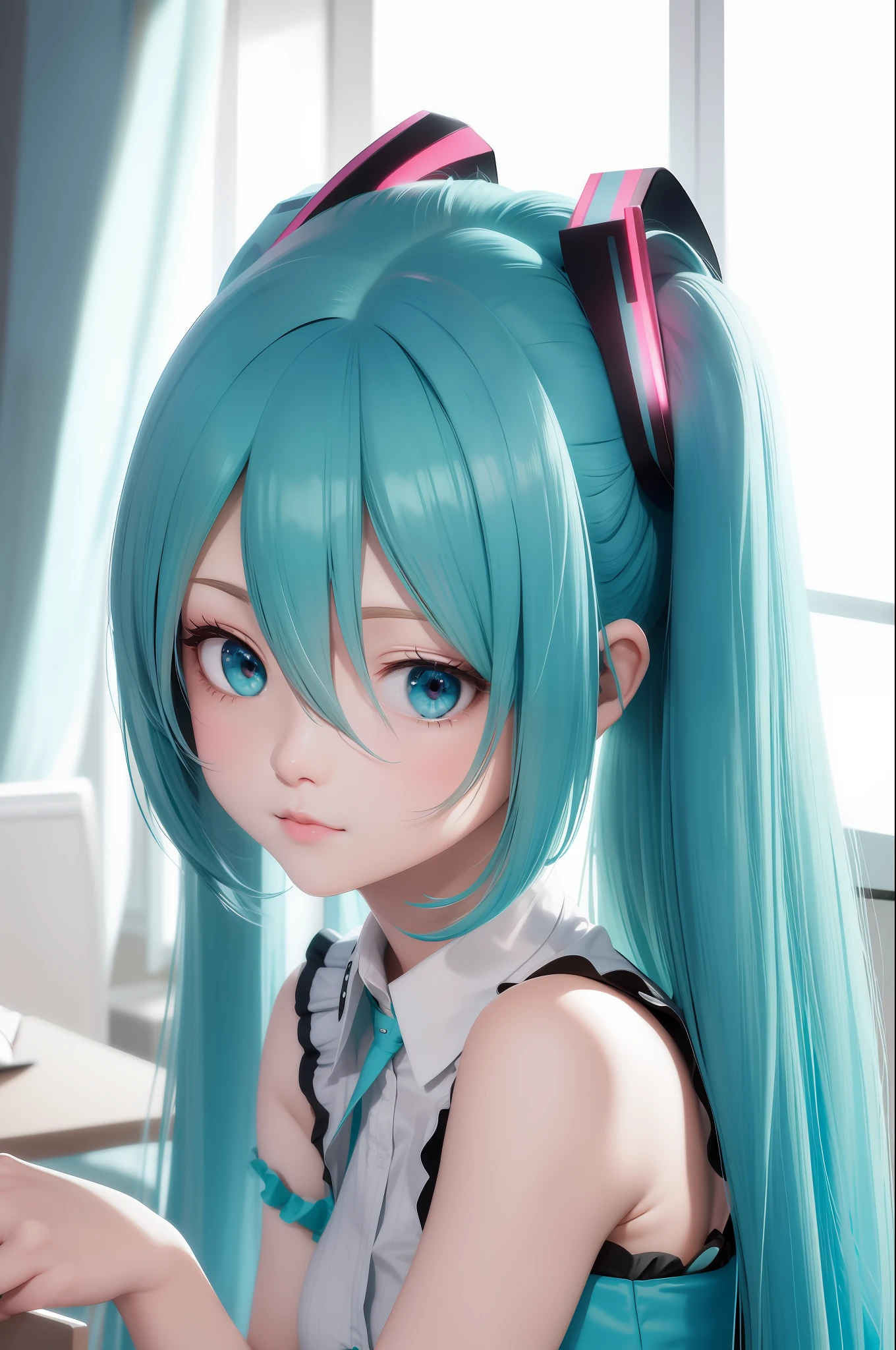 best quality, hatsune miku,masterpiece,cyan hair, blue eyes, looking up, upper body